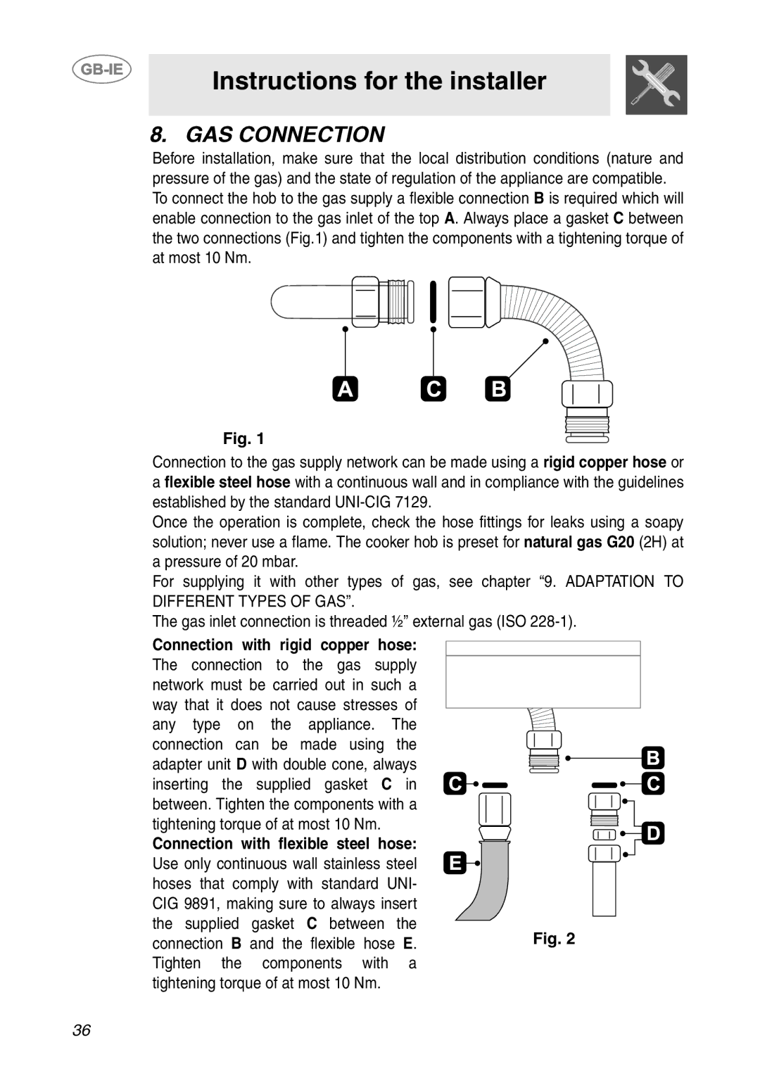 Smeg HB96CSS-3, HB96GXBE3 manual GAS Connection, Connection with rigid copper hose, Connection with flexible steel hose 