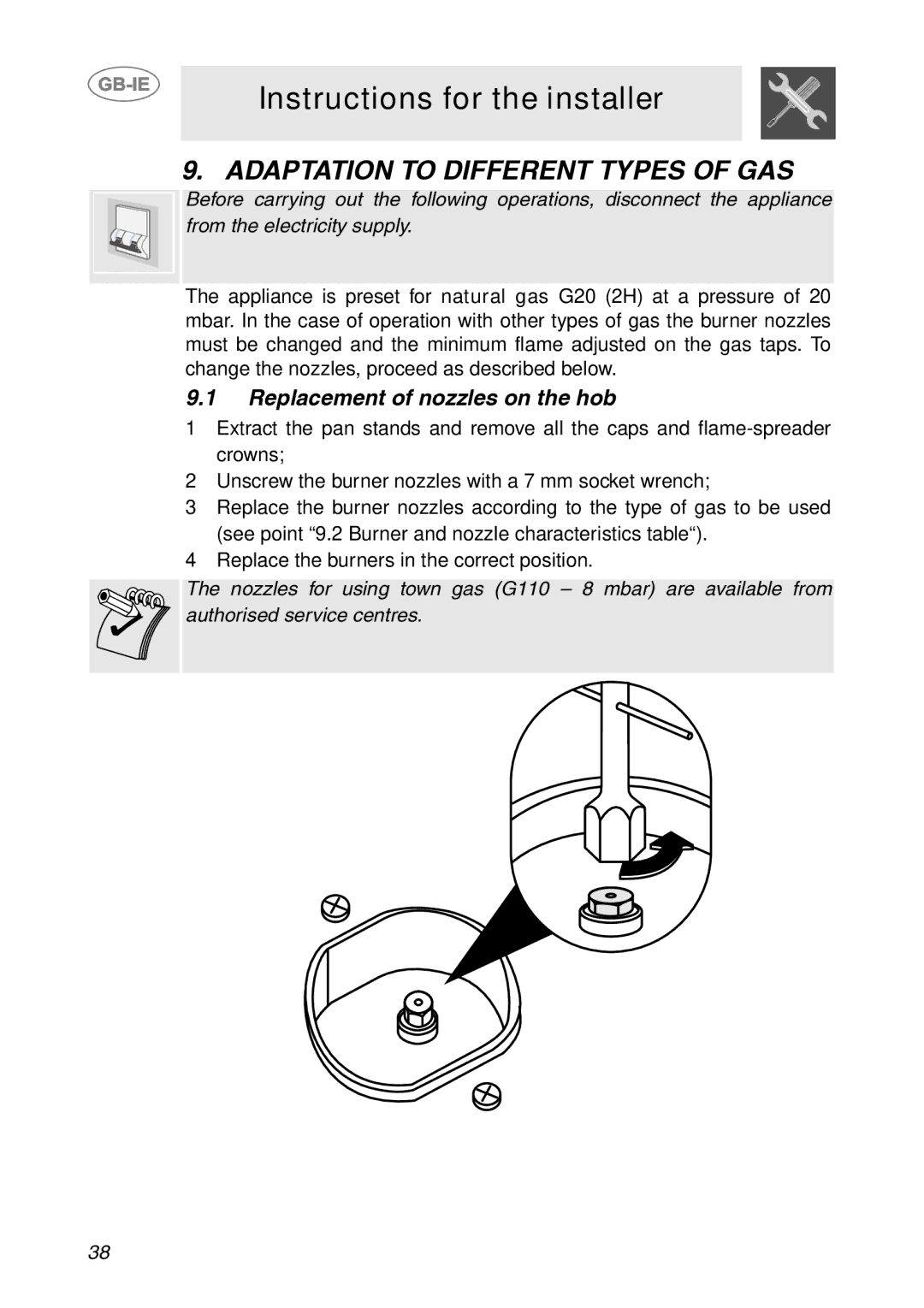 Smeg HB96CSS-3, HB96GXBE3 manual Adaptation to Different Types of GAS, Replacement of nozzles on the hob 