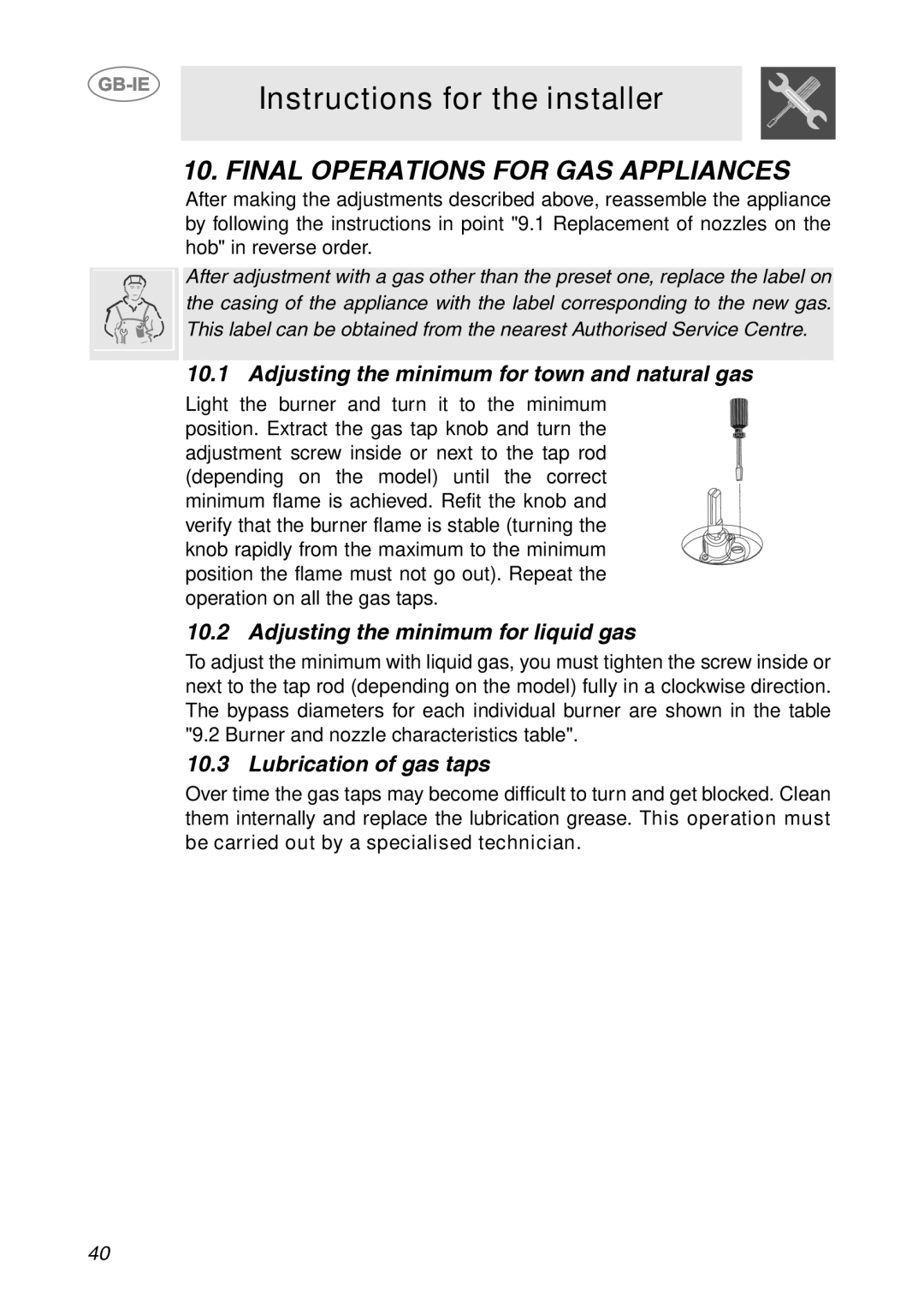 Smeg HB96CSS-3, HB96GXBE3 manual Final Operations for GAS Appliances, Adjusting the minimum for town and natural gas 