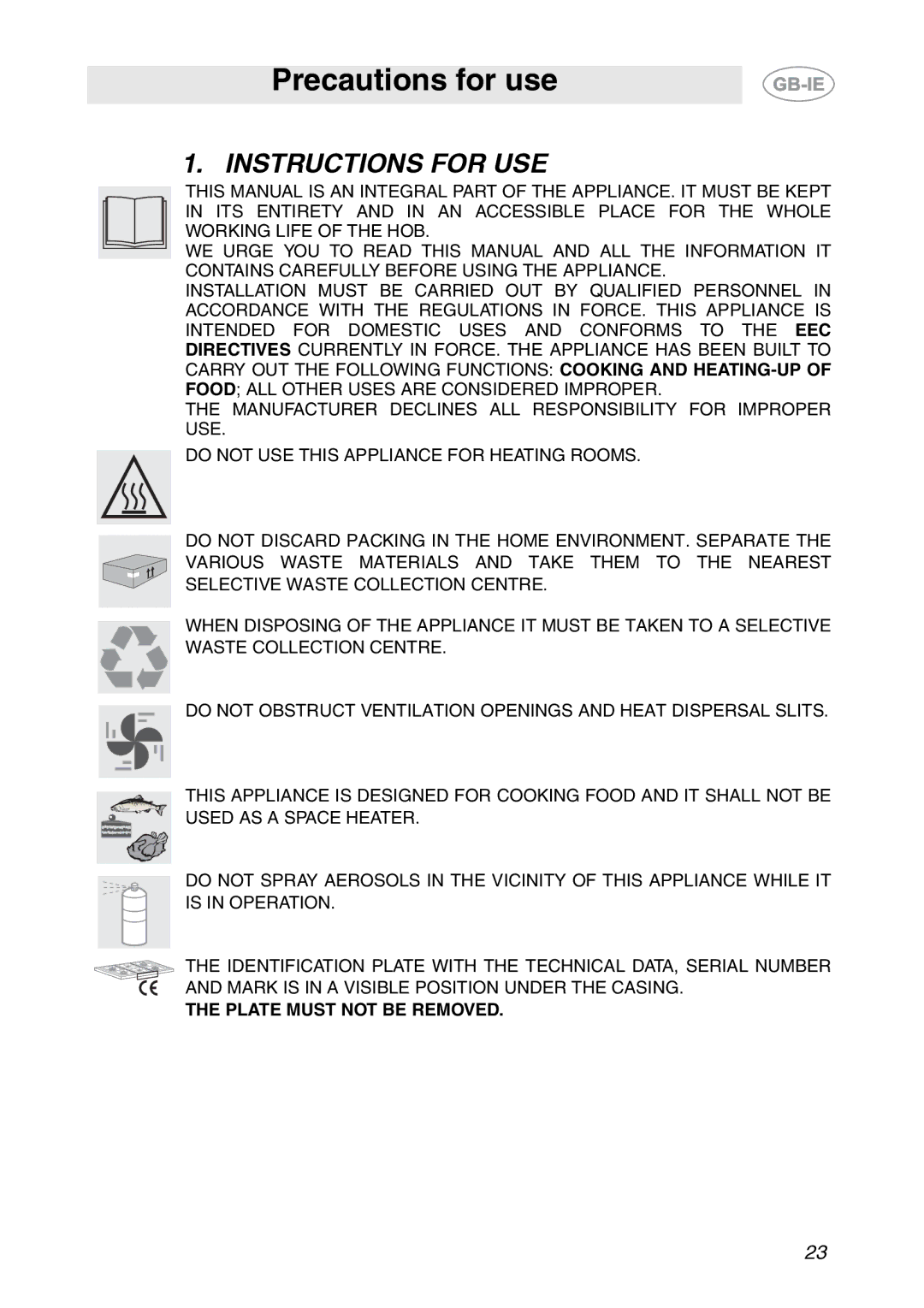 Smeg HB96GXBE3, HB96CSS-3 manual Precautions for use, Instructions for USE 