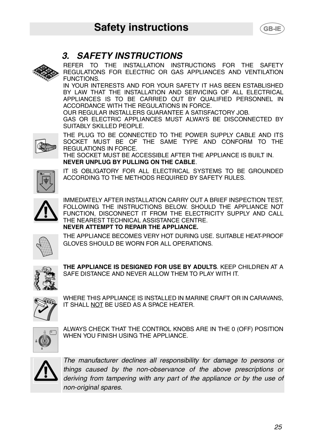 Smeg HB96GXBE3, HB96CSS-3 manual Safety instructions, Safety Instructions 