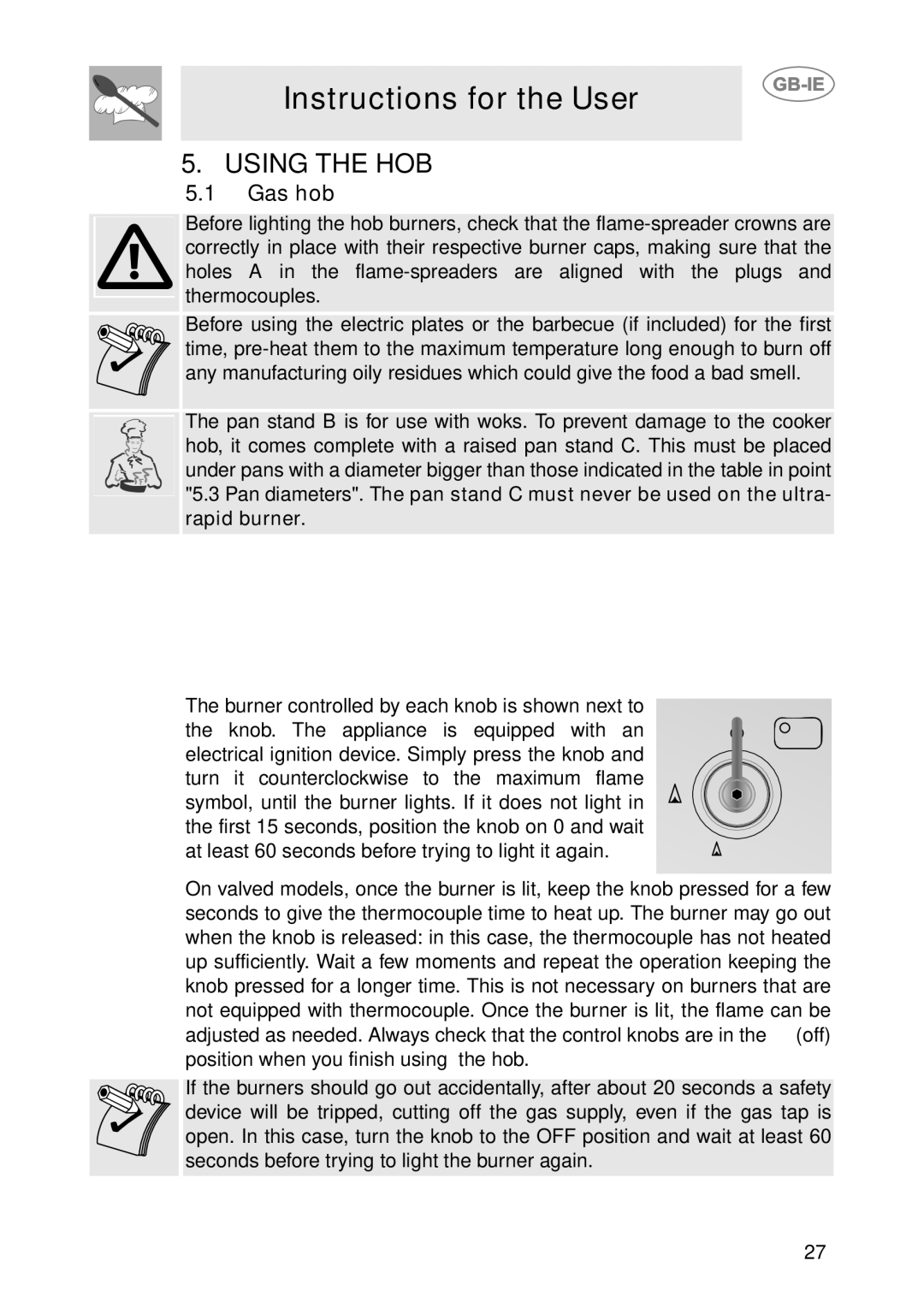 Smeg HB96GXBE3, HB96CSS-3 manual Using the HOB, Gas hob 