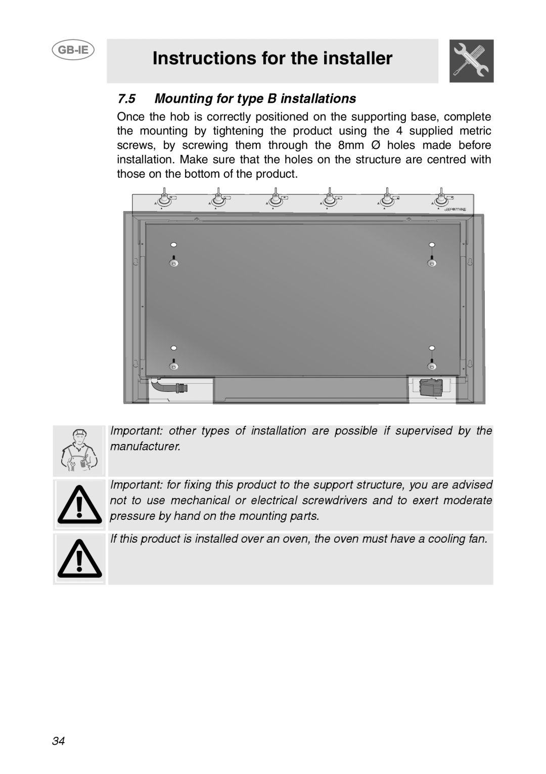 Smeg HB96CSS-3, HB96GXBE3 manual Instructions for the installer, 7.5Mounting for type B installations 
