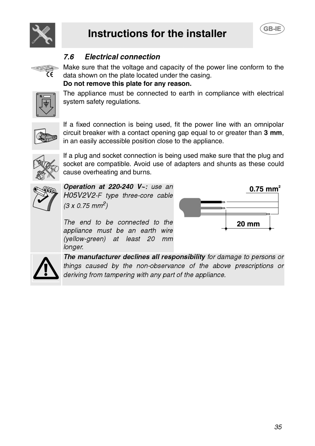 Smeg HB96GXBE3 Instructions for the installer, 7.6Electrical connection, Do not remove this plate for any reason, longer 