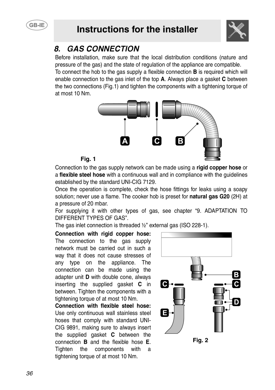 Smeg HB96CSS-3, HB96GXBE3 manual Gas Connection, Instructions for the installer, Connection with rigid copper hose 