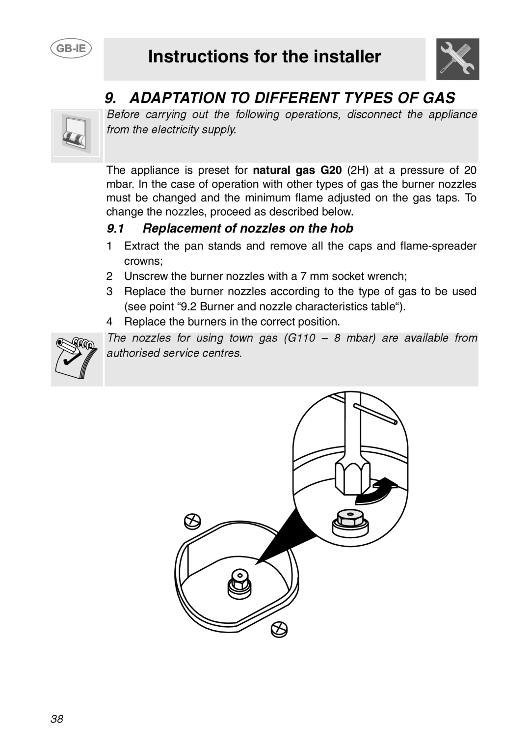 Smeg HB96CSS-3 Adaptation To Different Types Of Gas, Instructions for the installer, 9.1Replacement of nozzles on the hob 