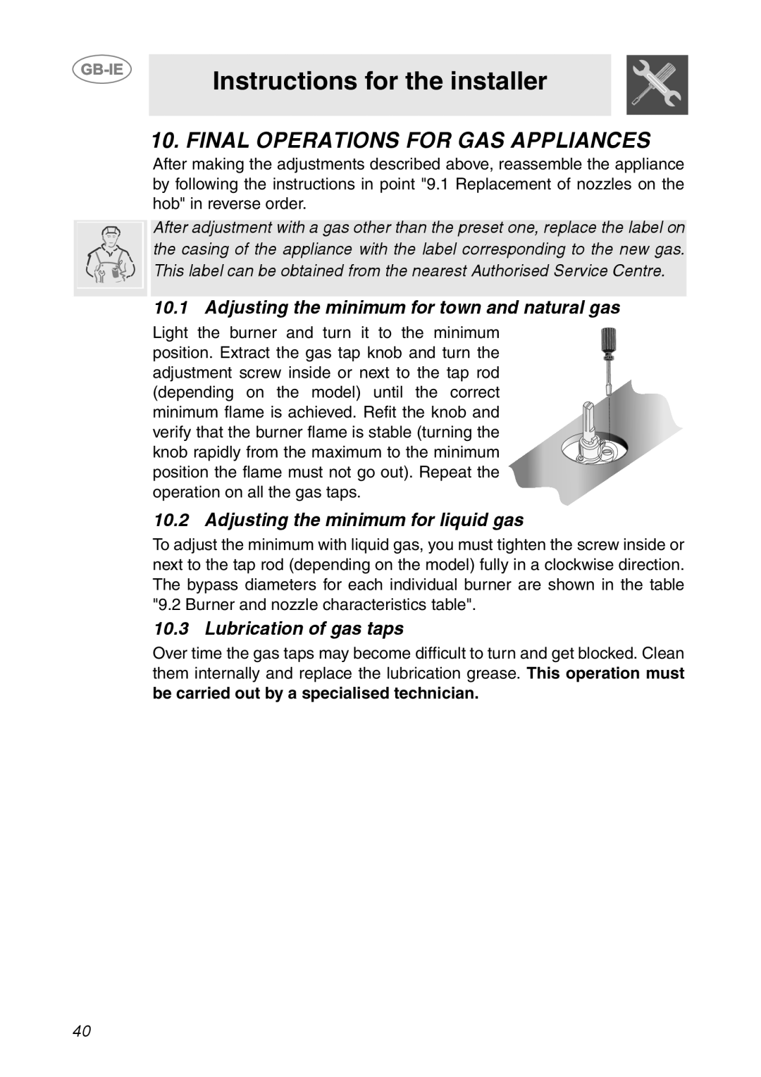 Smeg HB96CSS-3 Final Operations For Gas Appliances, Instructions for the installer, Adjusting the minimum for liquid gas 