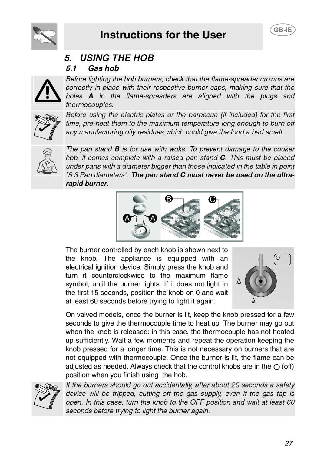 Smeg HB96GXBE3, HB96CSS-3 manual Using The Hob, Instructions for the User, 5.1Gas hob 
