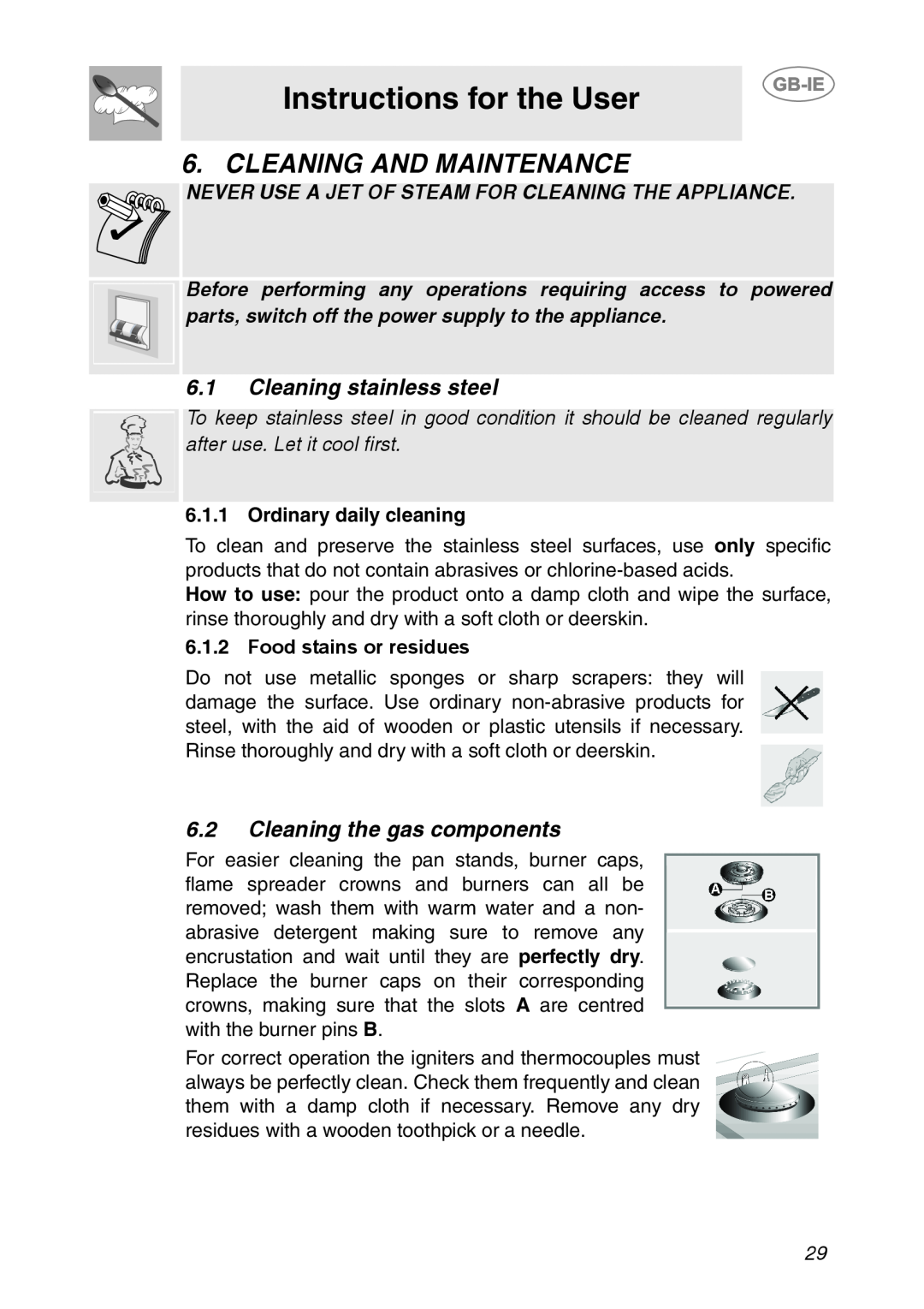 Smeg HB96GXBE3 Cleaning And Maintenance, Instructions for the User, 6.1Cleaning stainless steel, Ordinary daily cleaning 