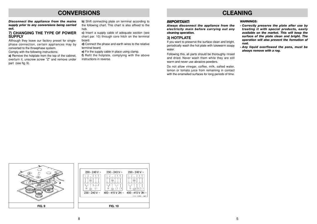 Smeg HBE64CAS manual Conversions Cleaning, Changing the Type of Power Supply, Hotplate 