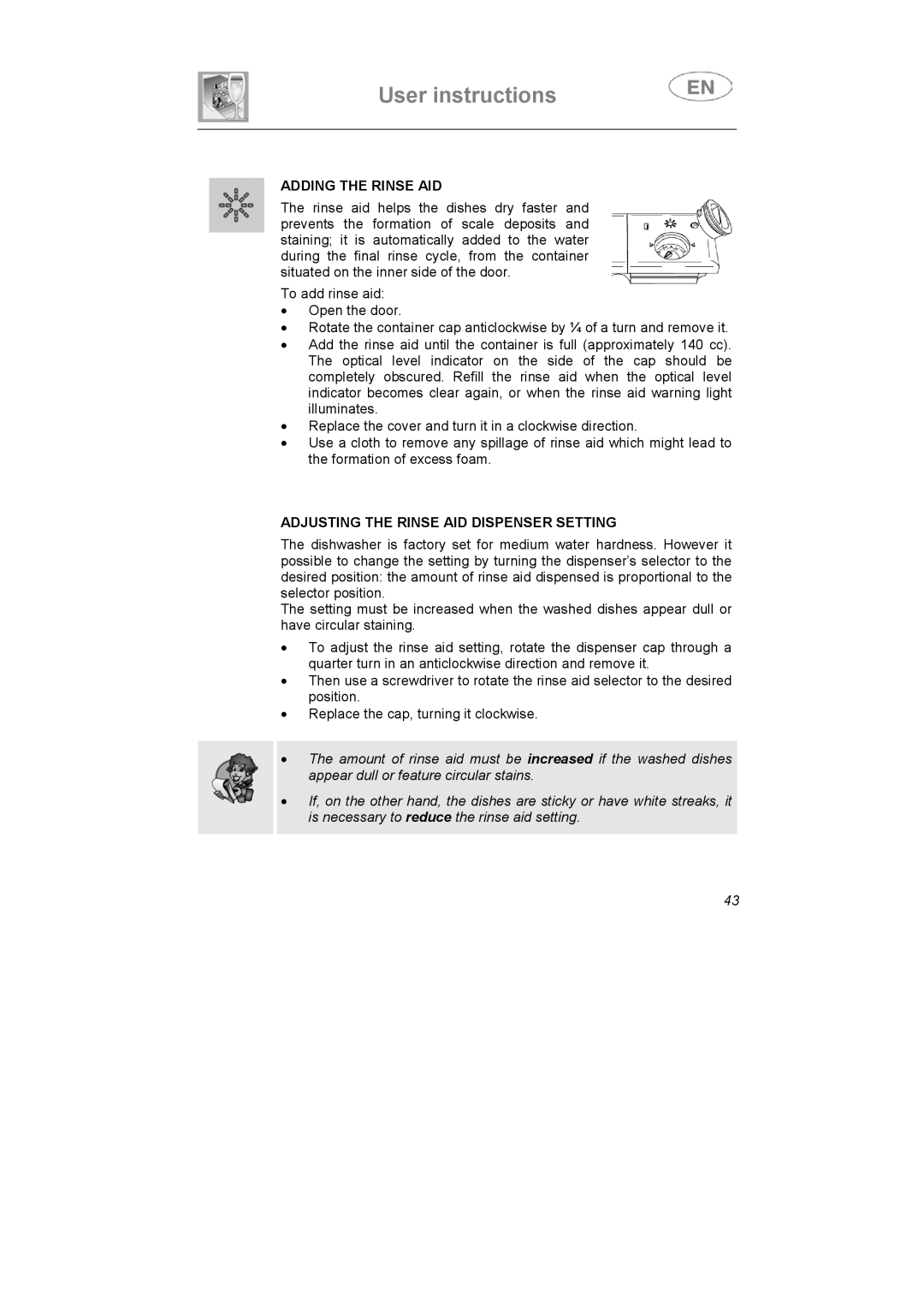 Smeg IG40521B2, IG40521W2, IG40521X2 instruction manual Adding the Rinse AID, Adjusting the Rinse AID Dispenser Setting 