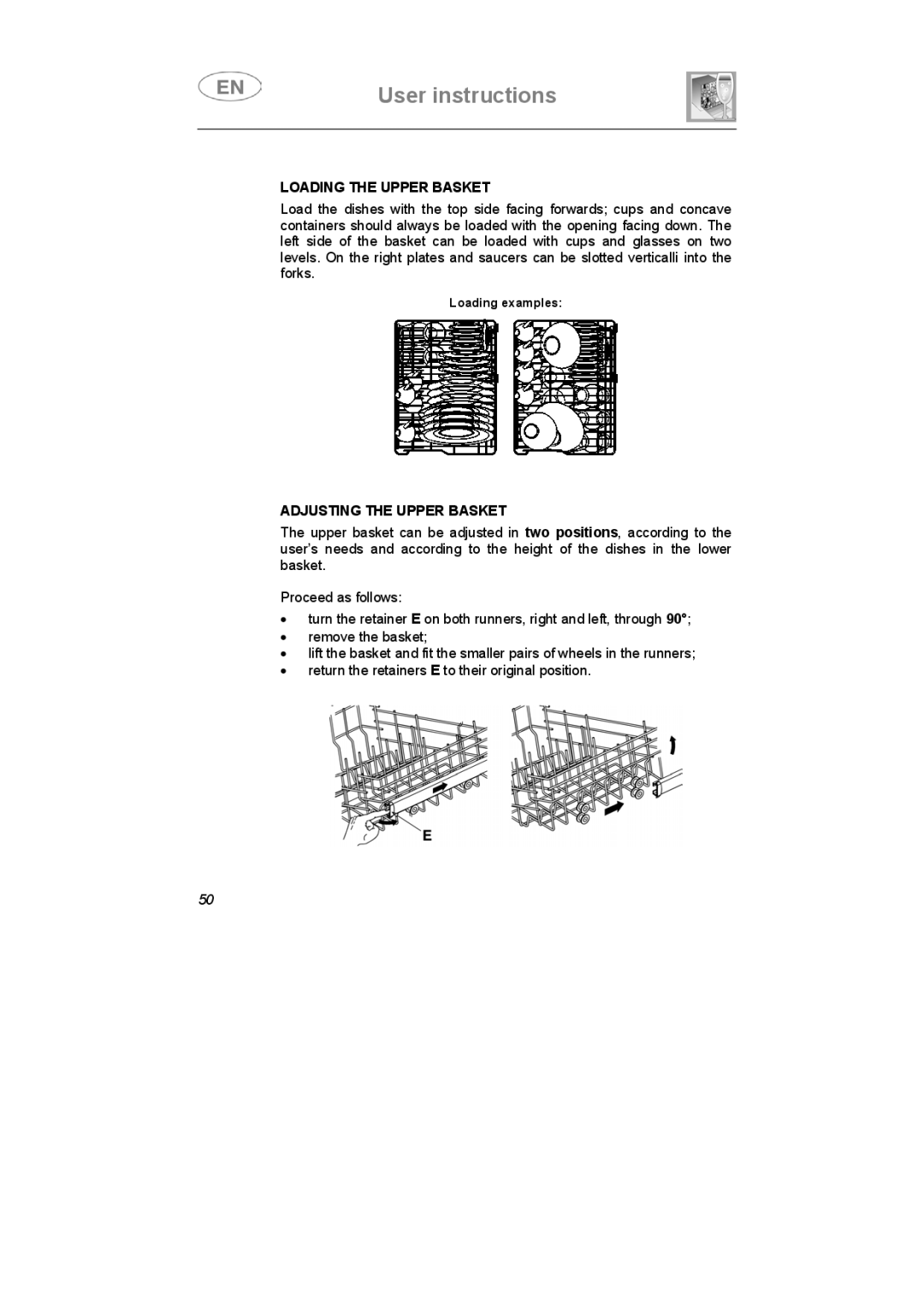 Smeg IG40521X2, IG40521W2, IG40521B2 instruction manual Loading the Upper Basket, Adjusting the Upper Basket 