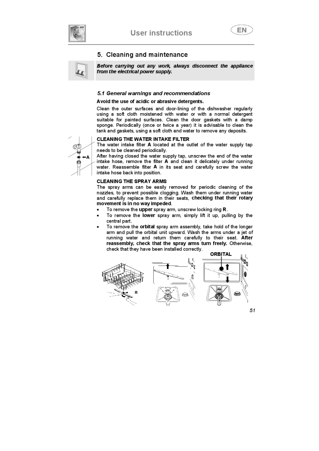 Smeg IG40521W2, IG40521B2 Cleaning and maintenance, Cleaning the Water Intake Filter, Cleaning the Spray Arms, Orbital 