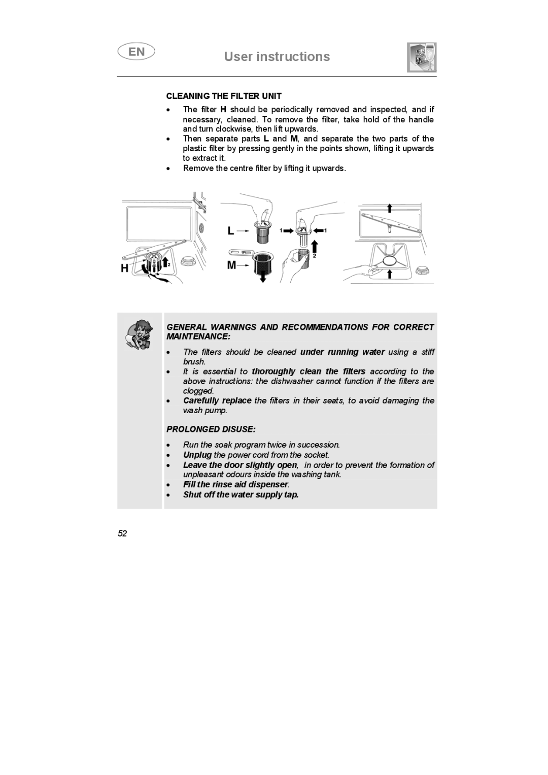 Smeg IG40521B2, IG40521W2, IG40521X2 instruction manual Cleaning the Filter Unit, Prolonged Disuse 