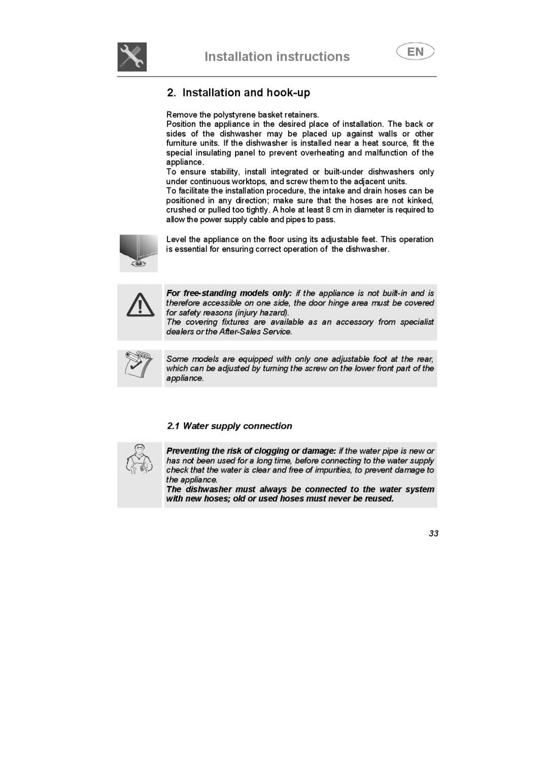 Smeg IG40521W2, IG40521B2, IG40521X2 instruction manual Installation and hook-up, Water supply connection 