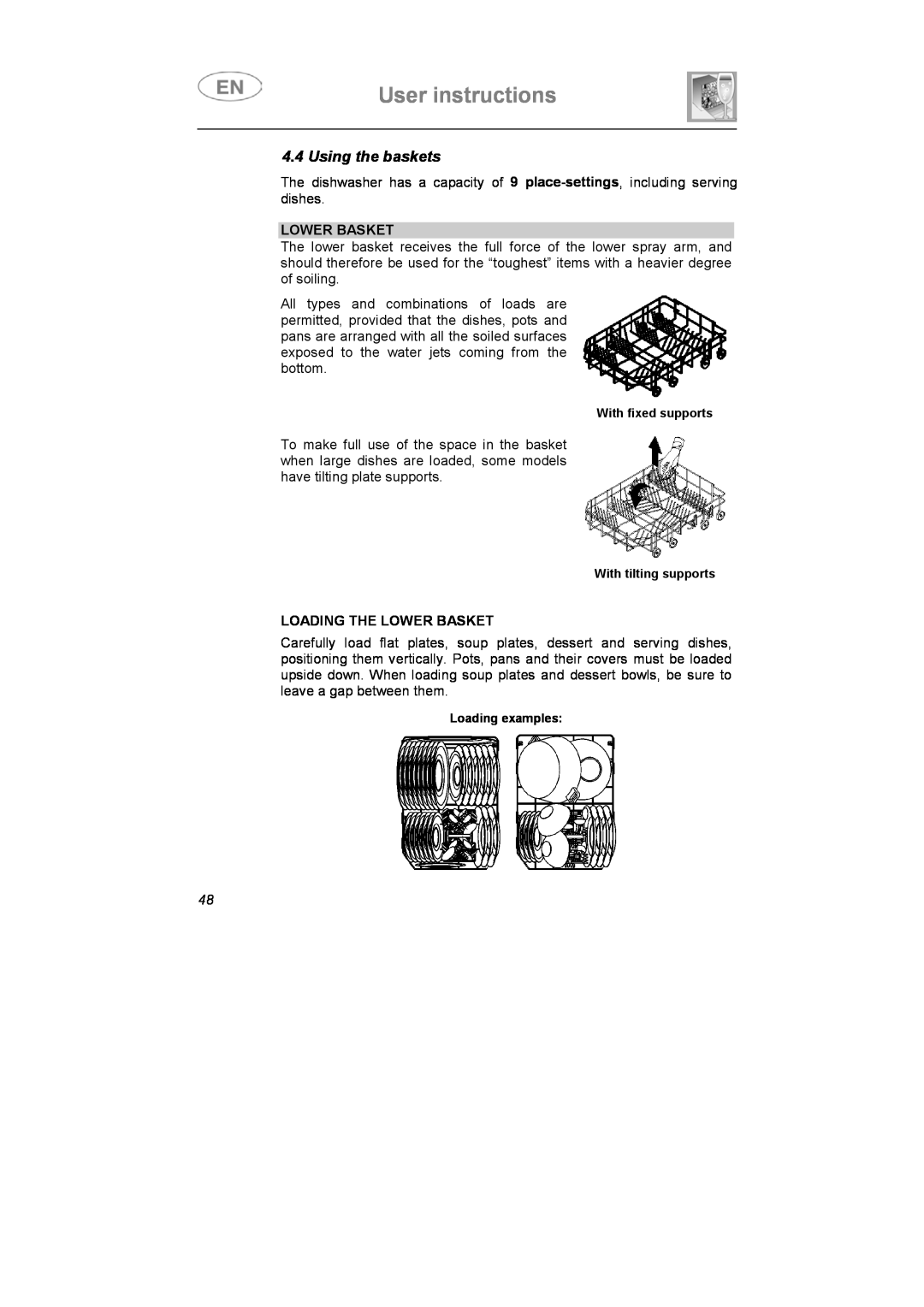 Smeg IG40521W2, IG40521B2, IG40521X2 instruction manual Using the baskets, Loading The Lower Basket, User instructions 