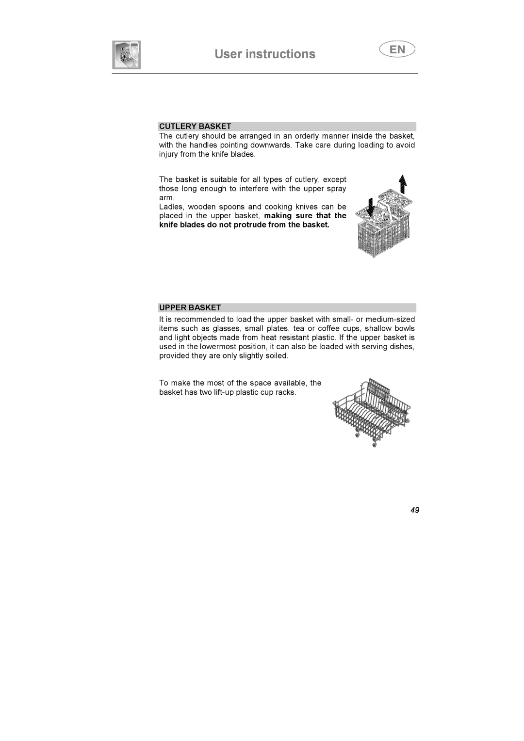 Smeg IG40521B2, IG40521W2, IG40521X2 instruction manual Cutlery Basket, Upper Basket, User instructions 