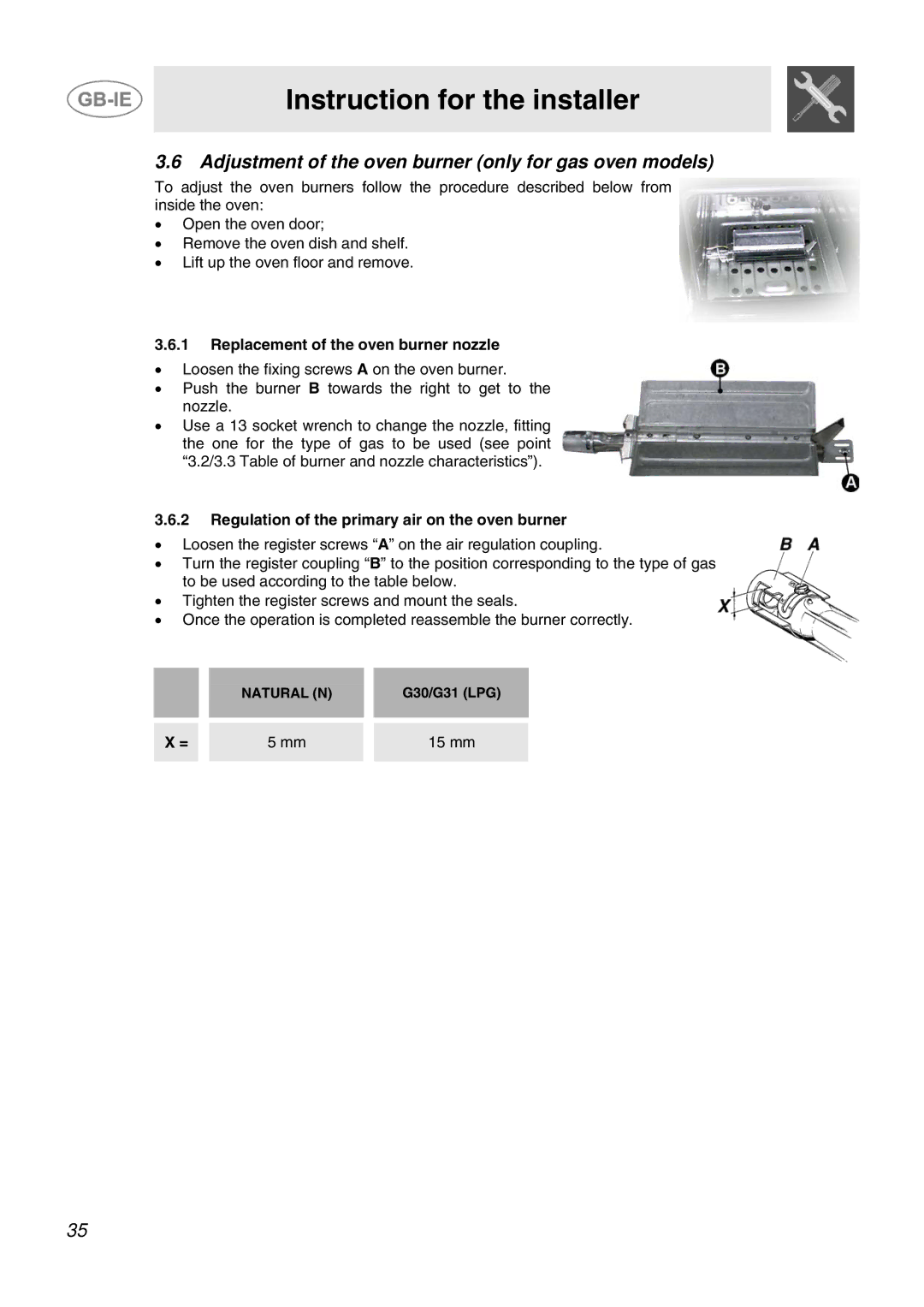 Smeg JGB92XD1W manual Adjustment of the oven burner only for gas oven models, Replacement of the oven burner nozzle, 15 mm 