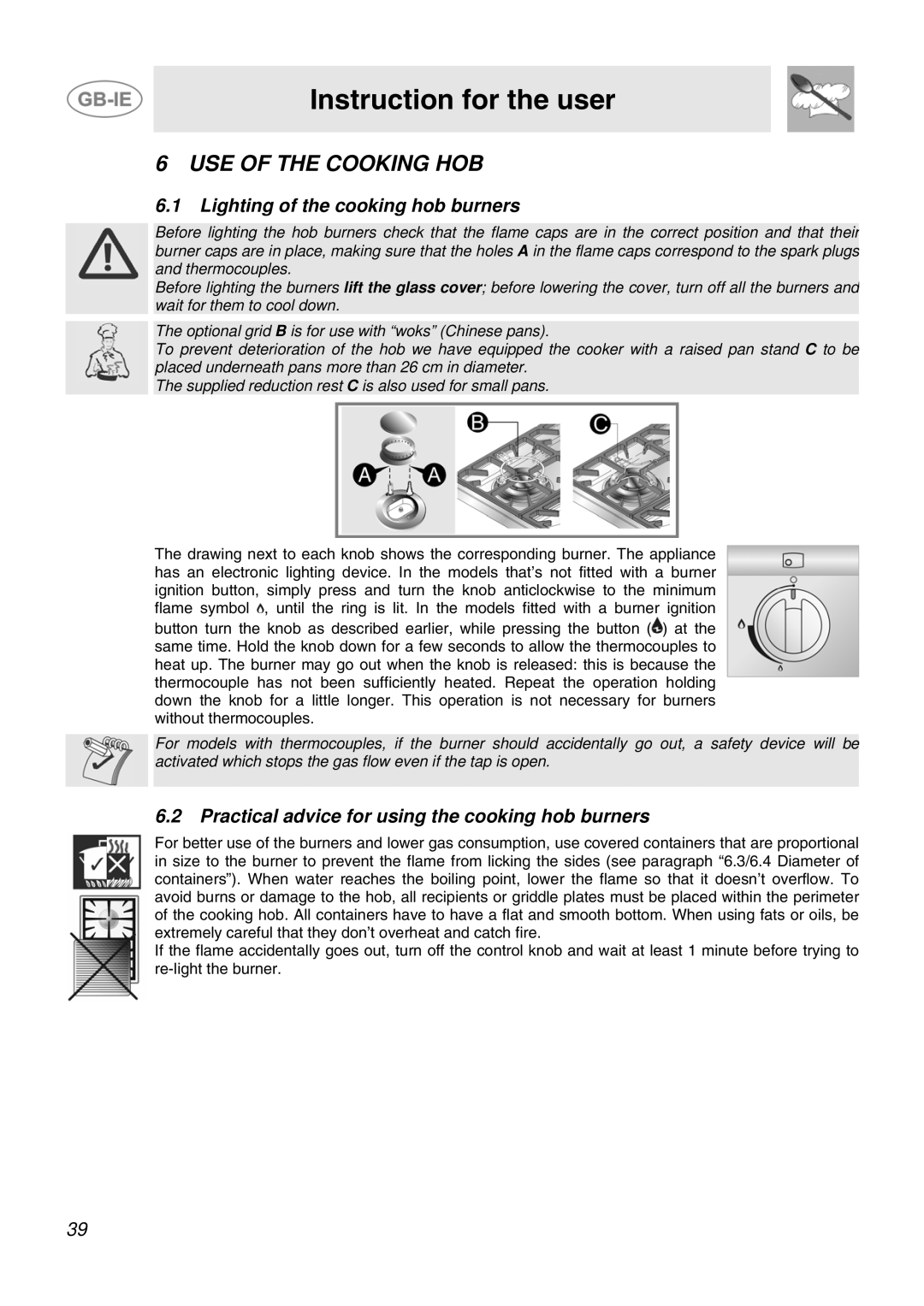 Smeg JGB92XD1W, JGB95XD1S manual USE of the Cooking HOB, Lighting of the cooking hob burners 