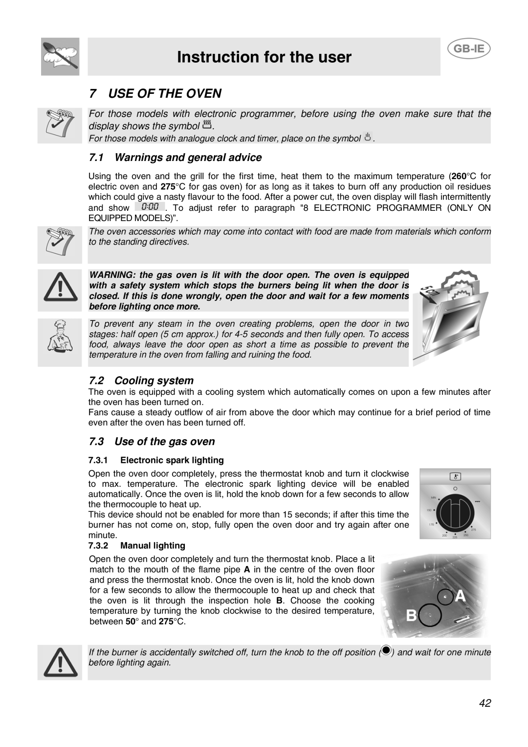 Smeg JGB95XD1S, JGB92XD1W USE of the Oven, Cooling system, Use of the gas oven, Electronic spark lighting, Manual lighting 