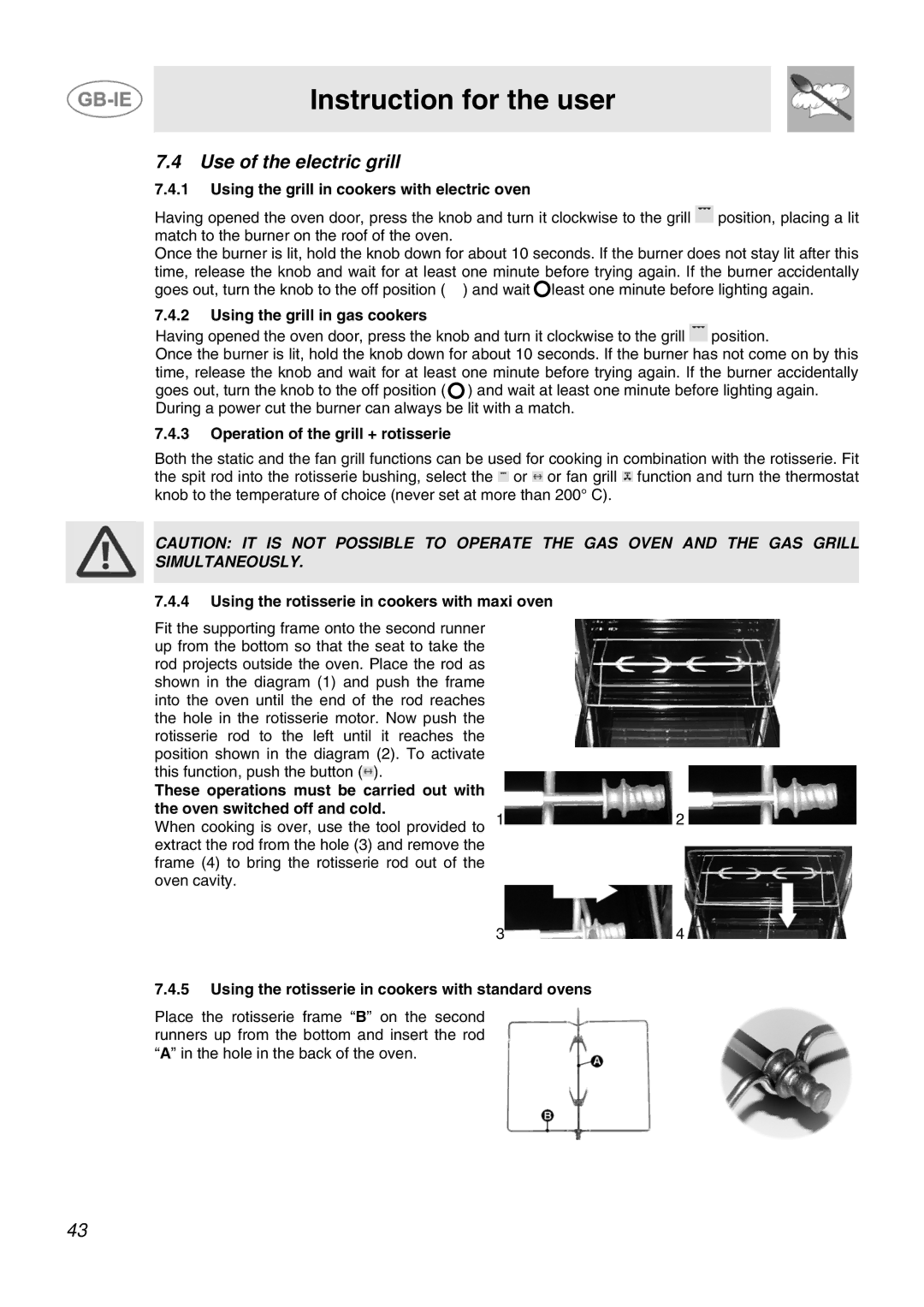 Smeg JGB92XD1W, JGB95XD1S manual Use of the electric grill 