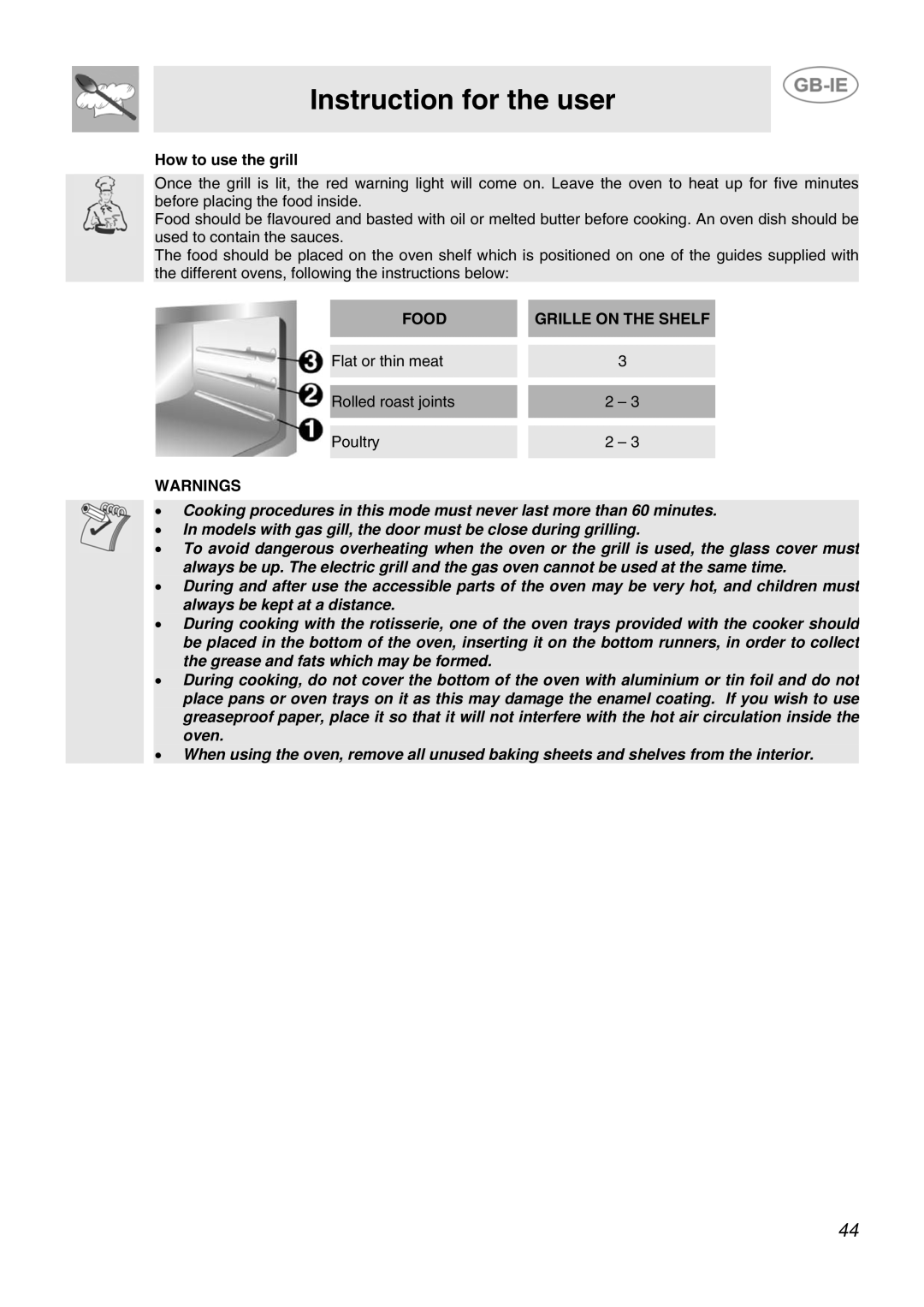 Smeg JGB95XD1S, JGB92XD1W manual How to use the grill 