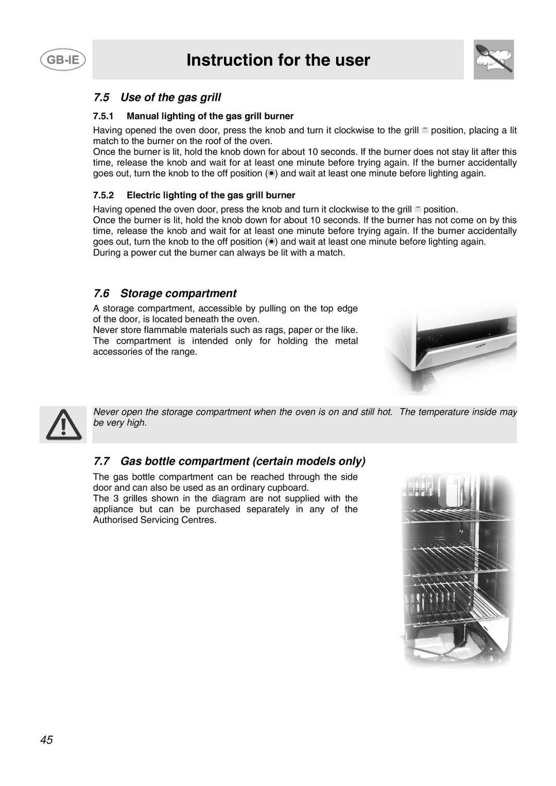 Smeg JGB92XD1W, JGB95XD1S manual Use of the gas grill, Storage compartment, Gas bottle compartment certain models only 