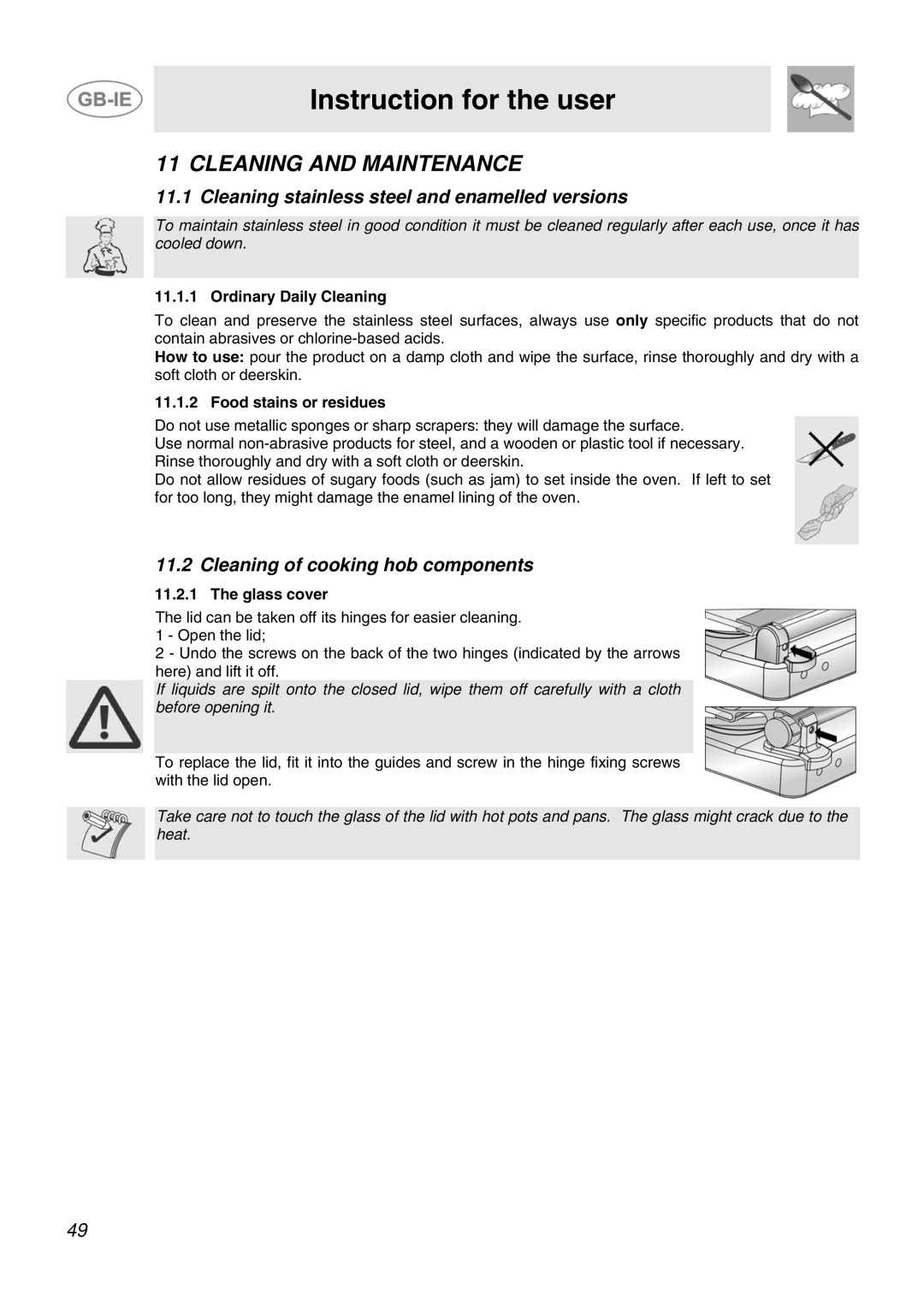 Smeg JGB92XD1W, JGB95XD1S manual Cleaning and Maintenance, Cleaning stainless steel and enamelled versions 