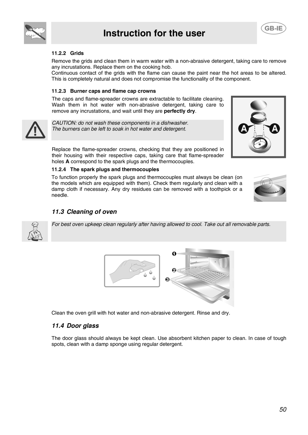 Smeg JGB95XD1S manual Cleaning of oven, Door glass, Grids, Burner caps and flame cap crowns, Spark plugs and thermocouples 