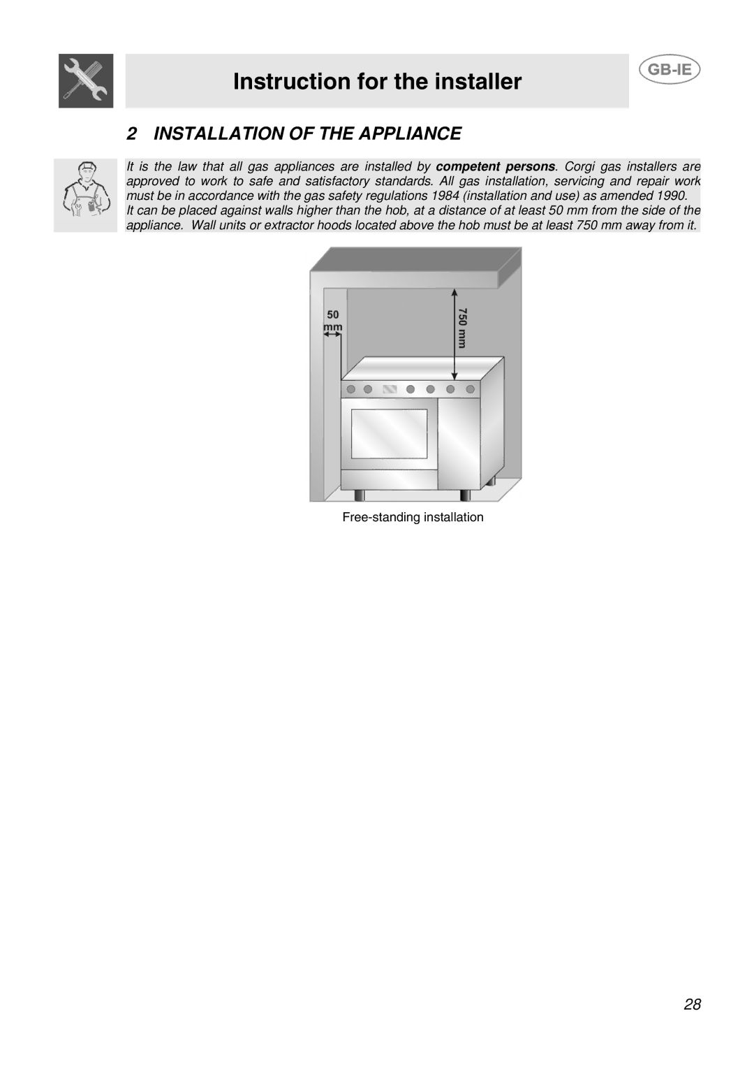 Smeg JGB95XD1S, JGB92XD1W manual Instruction for the installer, Installation of the Appliance 