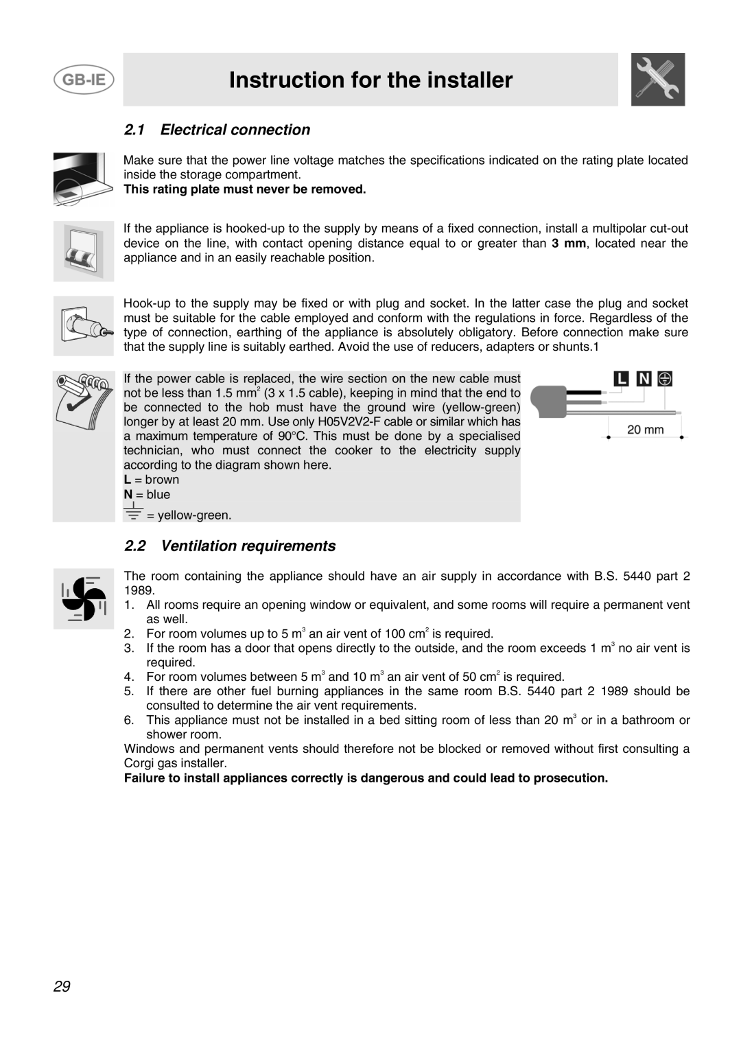 Smeg JGB92XD1W, JGB95XD1S manual Electrical connection, Ventilation requirements, This rating plate must never be removed 