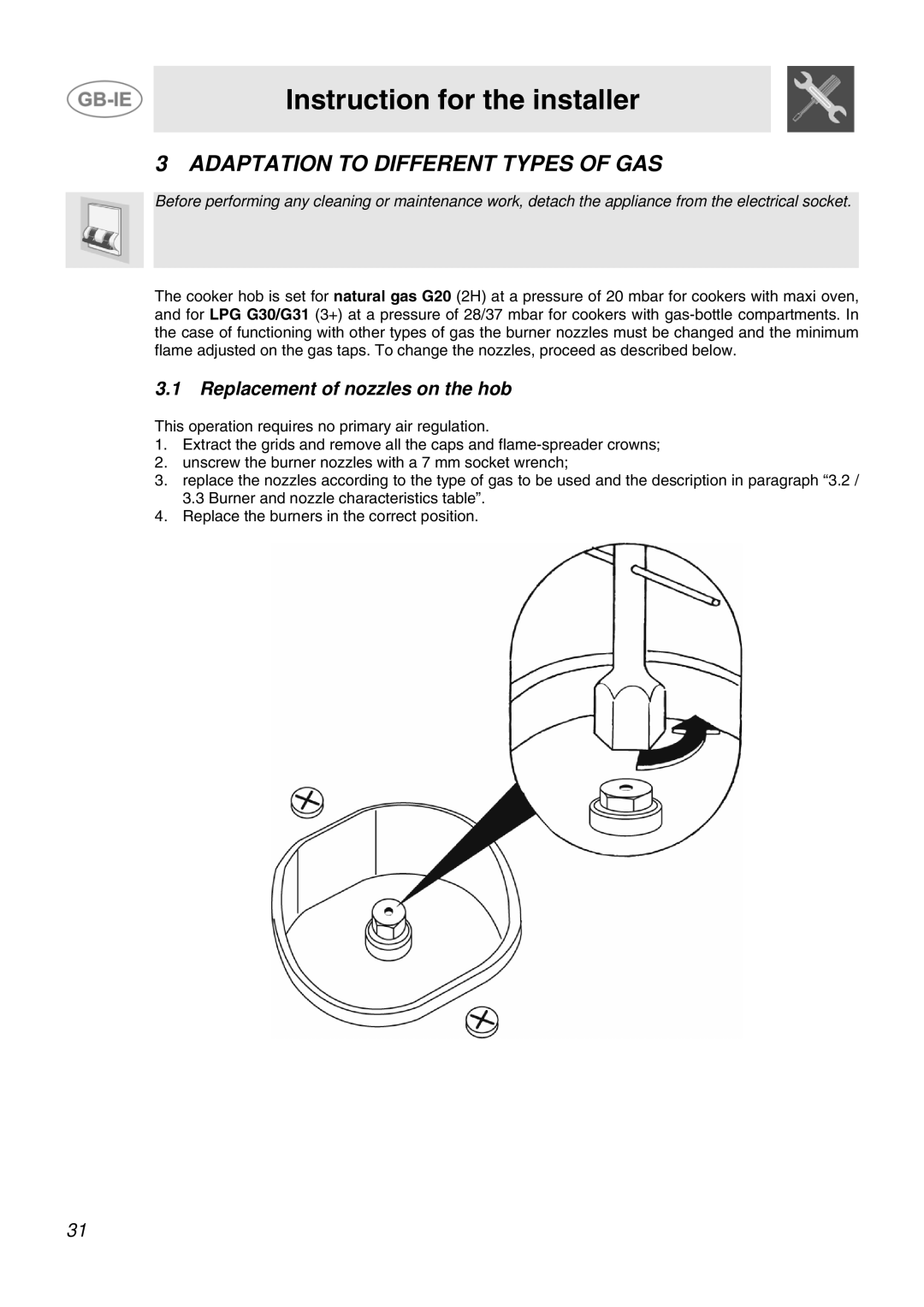 Smeg JGB92XD1W, JGB95XD1S manual Adaptation to Different Types of GAS, Replacement of nozzles on the hob 