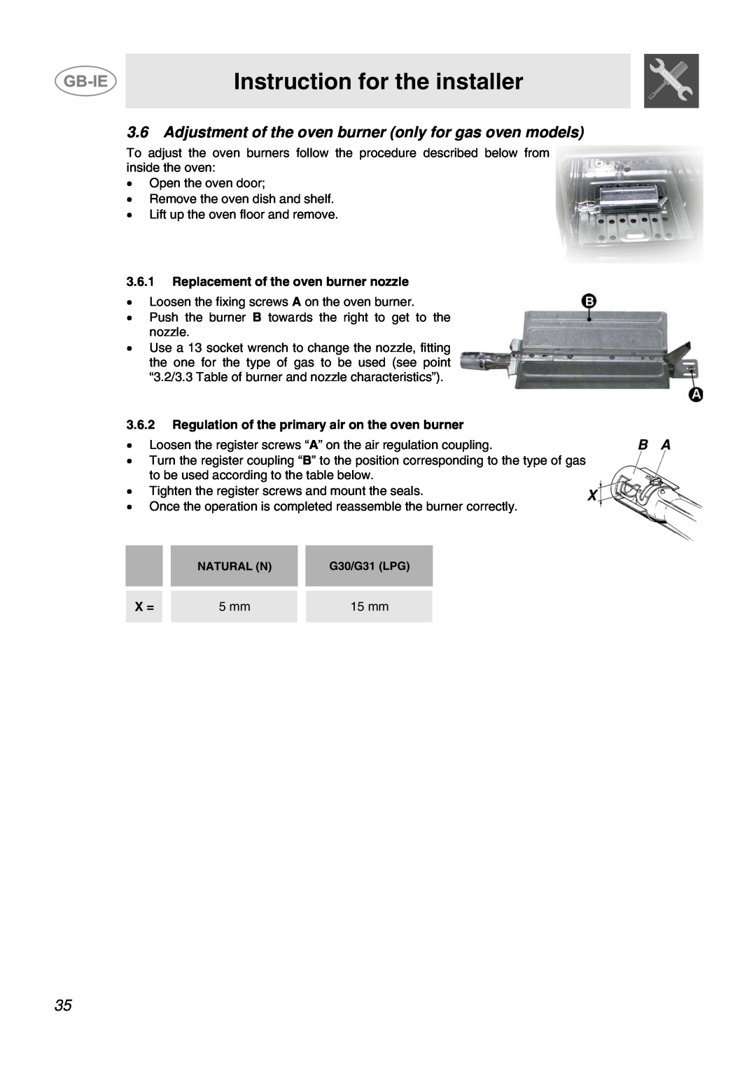Smeg JGB92XD1W, JGB95XD1S manual Instruction for the installer, 3.6.1Replacement of the oven burner nozzle, 15 mm 