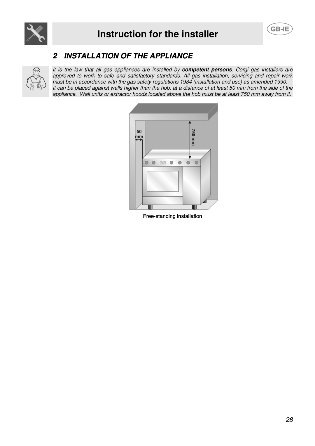 Smeg JGB95XD1S, JGB92XD1W manual Instruction for the installer, Installation Of The Appliance 