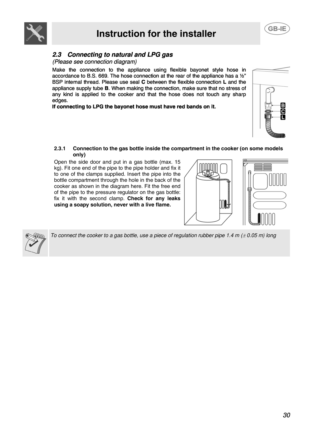 Smeg JGB95XD1S manual 2.3Connecting to natural and LPG gas, Instruction for the installer, Please see connection diagram 