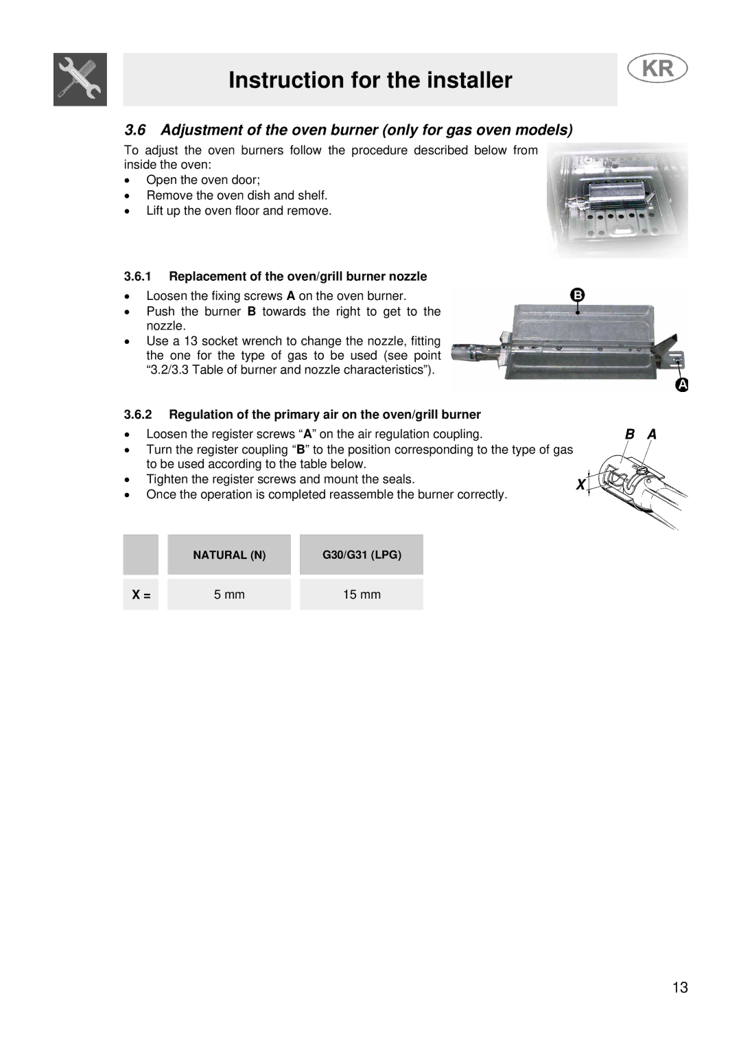 Smeg JGFC34SKB Adjustment of the oven burner only for gas oven models, Replacement of the oven/grill burner nozzle, 15 mm 