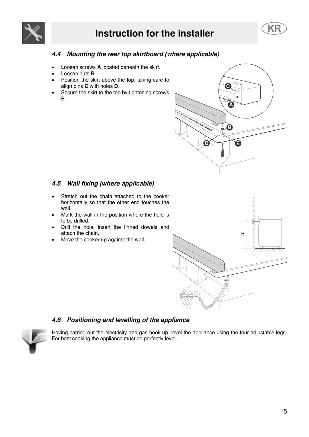 Smeg JGFC34SKB manual Mounting the rear top skirtboard where applicable, Wall fixing where applicable 