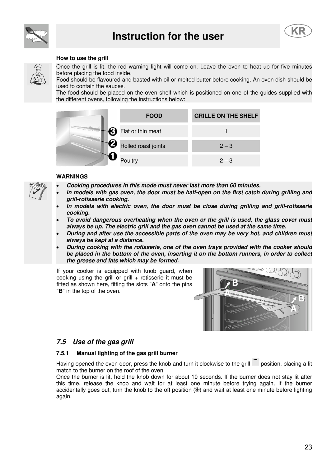 Smeg JGFC34SKB manual Use of the gas grill, How to use the grill, Manual lighting of the gas grill burner 