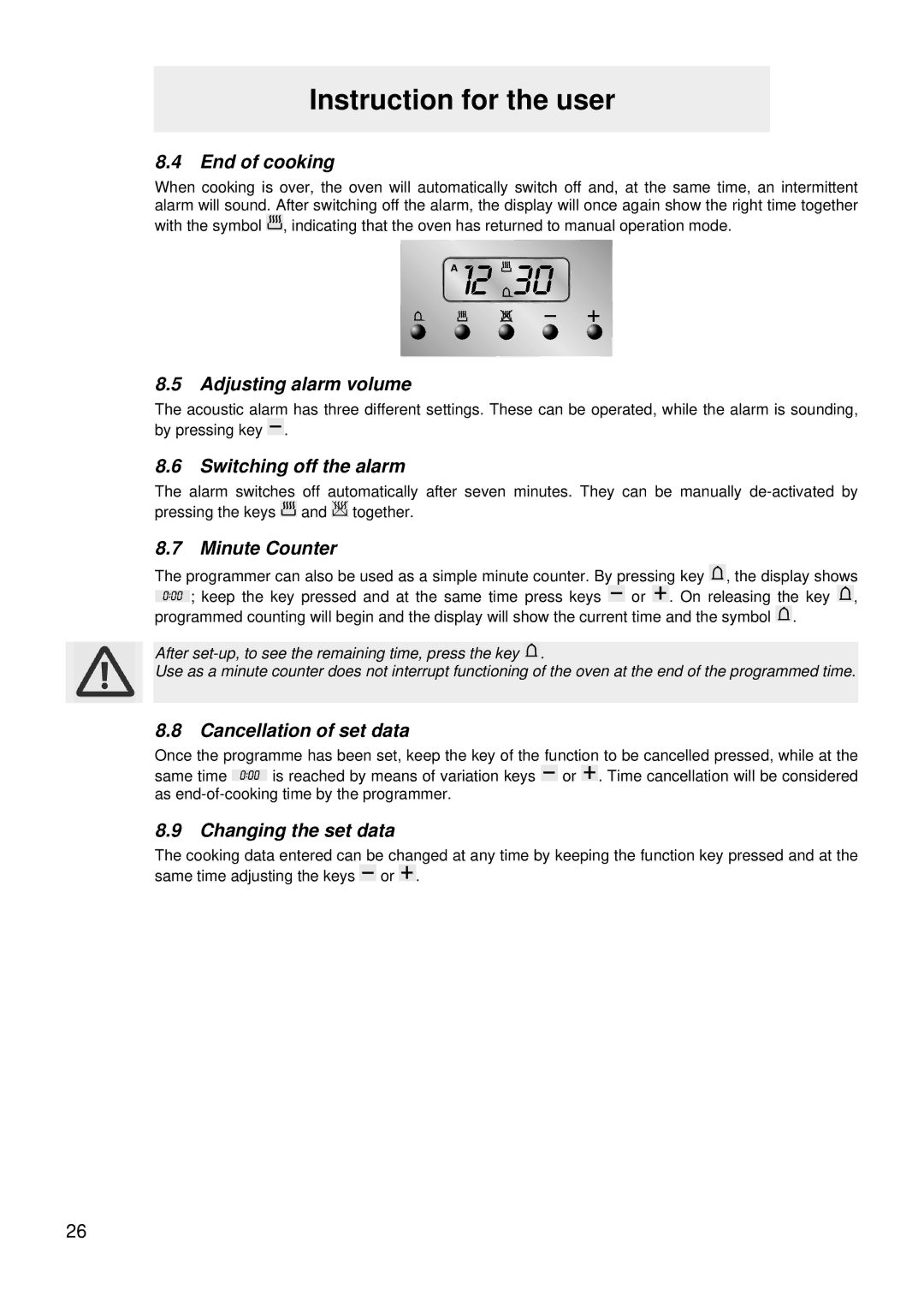 Smeg JGFC34SKB End of cooking, Adjusting alarm volume, Switching off the alarm, Minute Counter, Cancellation of set data 