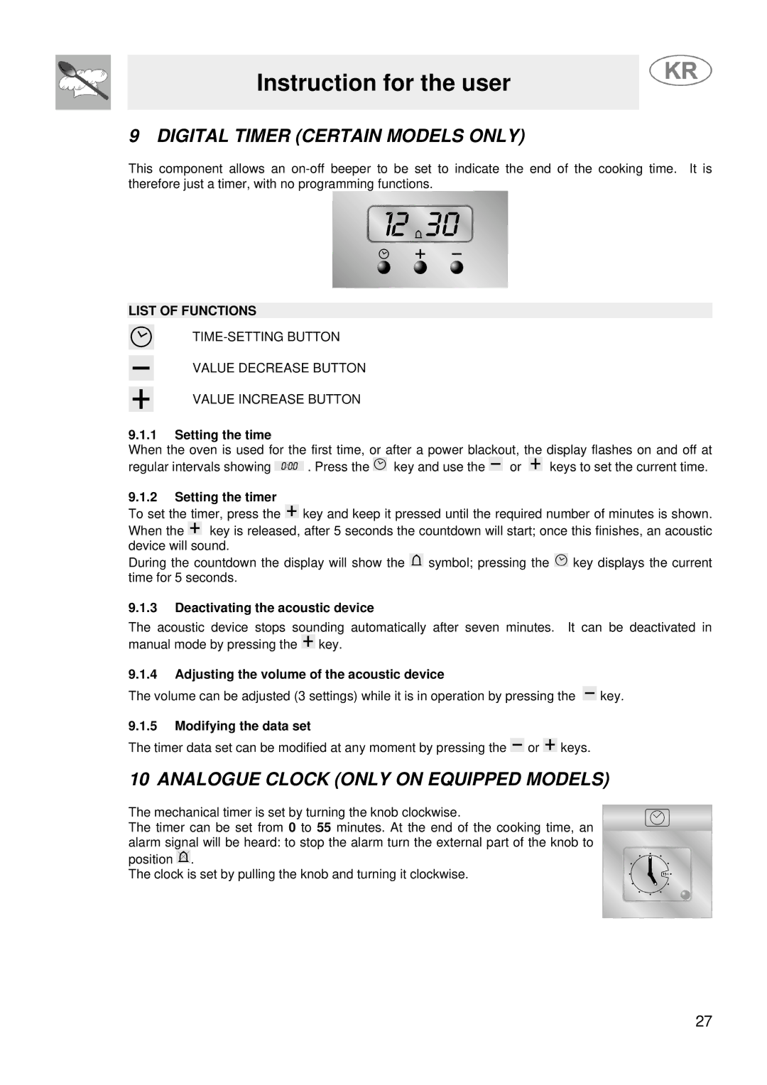 Smeg JGFC34SKB manual Digital Timer Certain Models only, Analogue Clock only on Equipped Models 