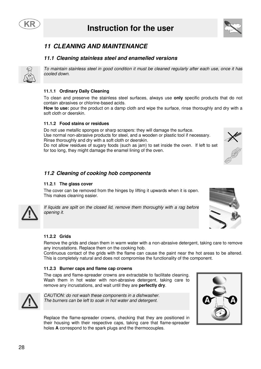 Smeg JGFC34SKB manual Cleaning and Maintenance, Cleaning stainless steel and enamelled versions 