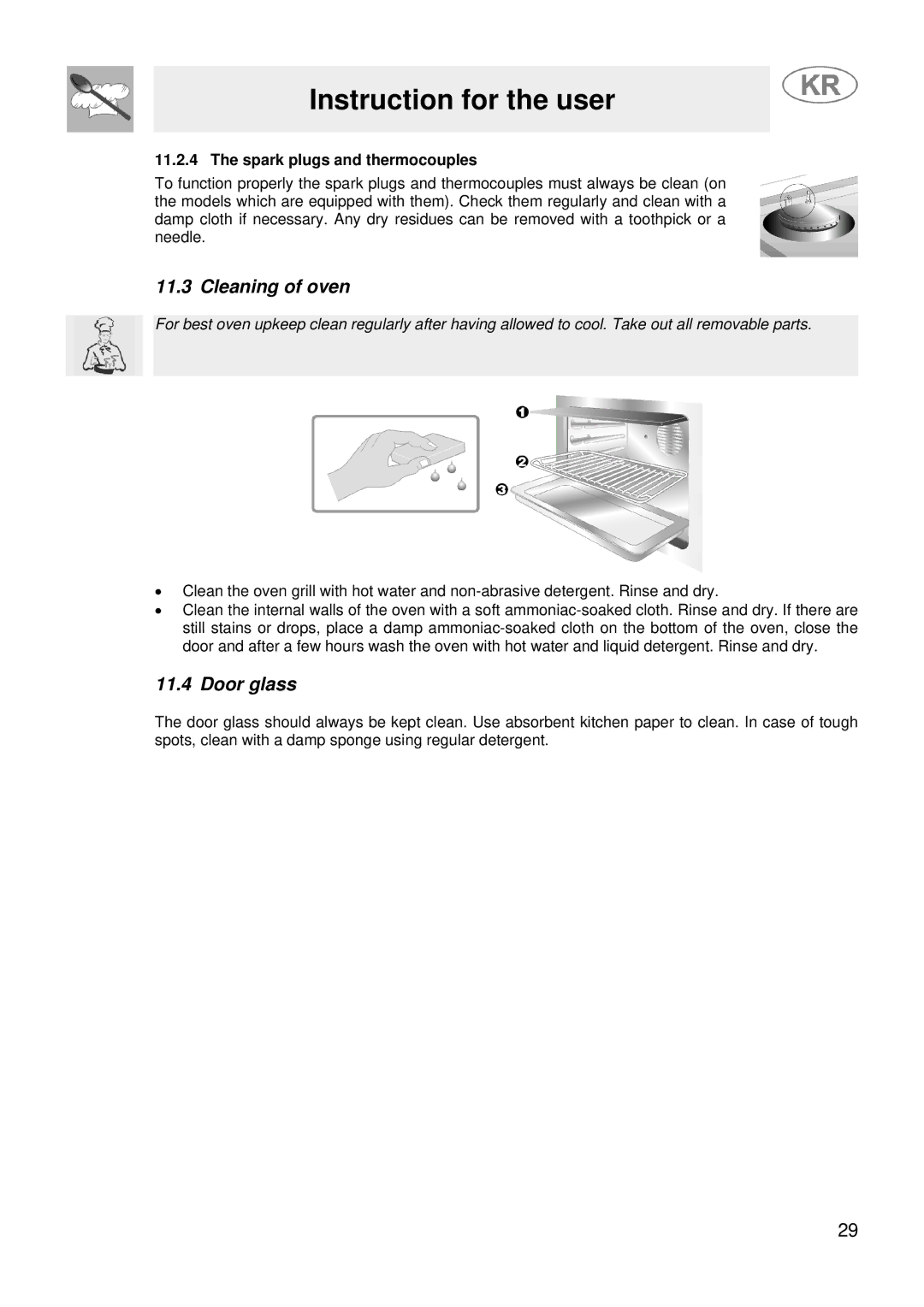 Smeg JGFC34SKB manual Cleaning of oven, Door glass, Spark plugs and thermocouples 