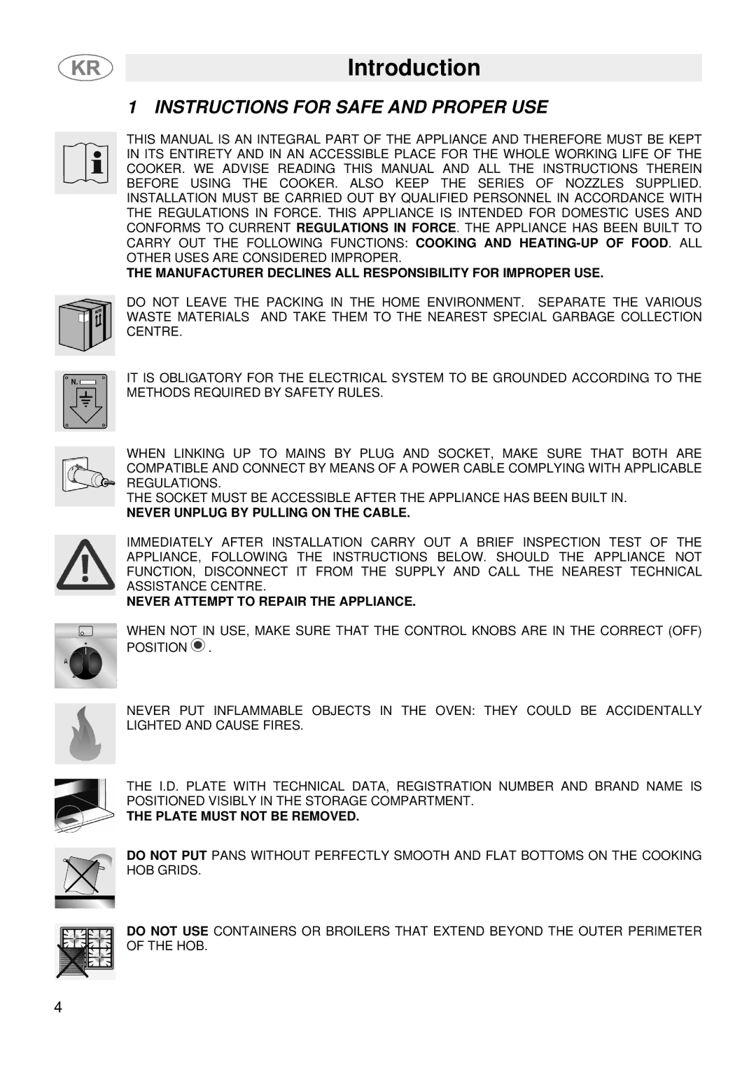 Smeg JGFC34SKB manual Introduction, Instructions for Safe and Proper USE 