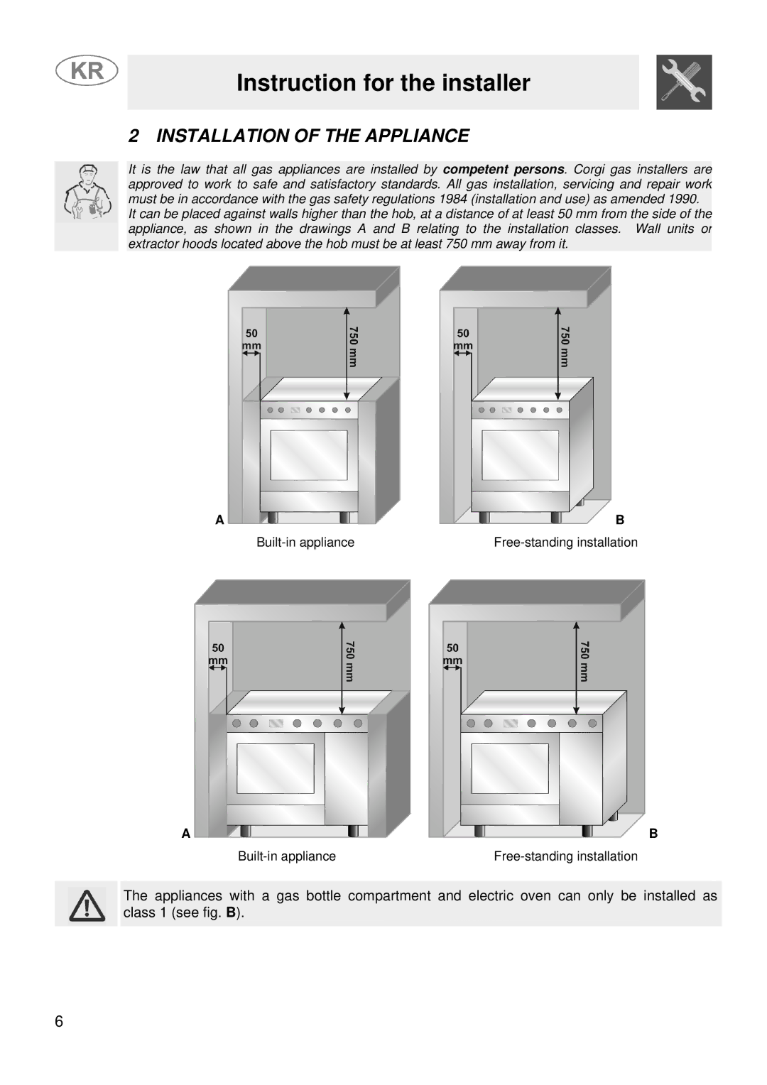 Smeg JGFC34SKB manual Instruction for the installer, Installation of the Appliance 