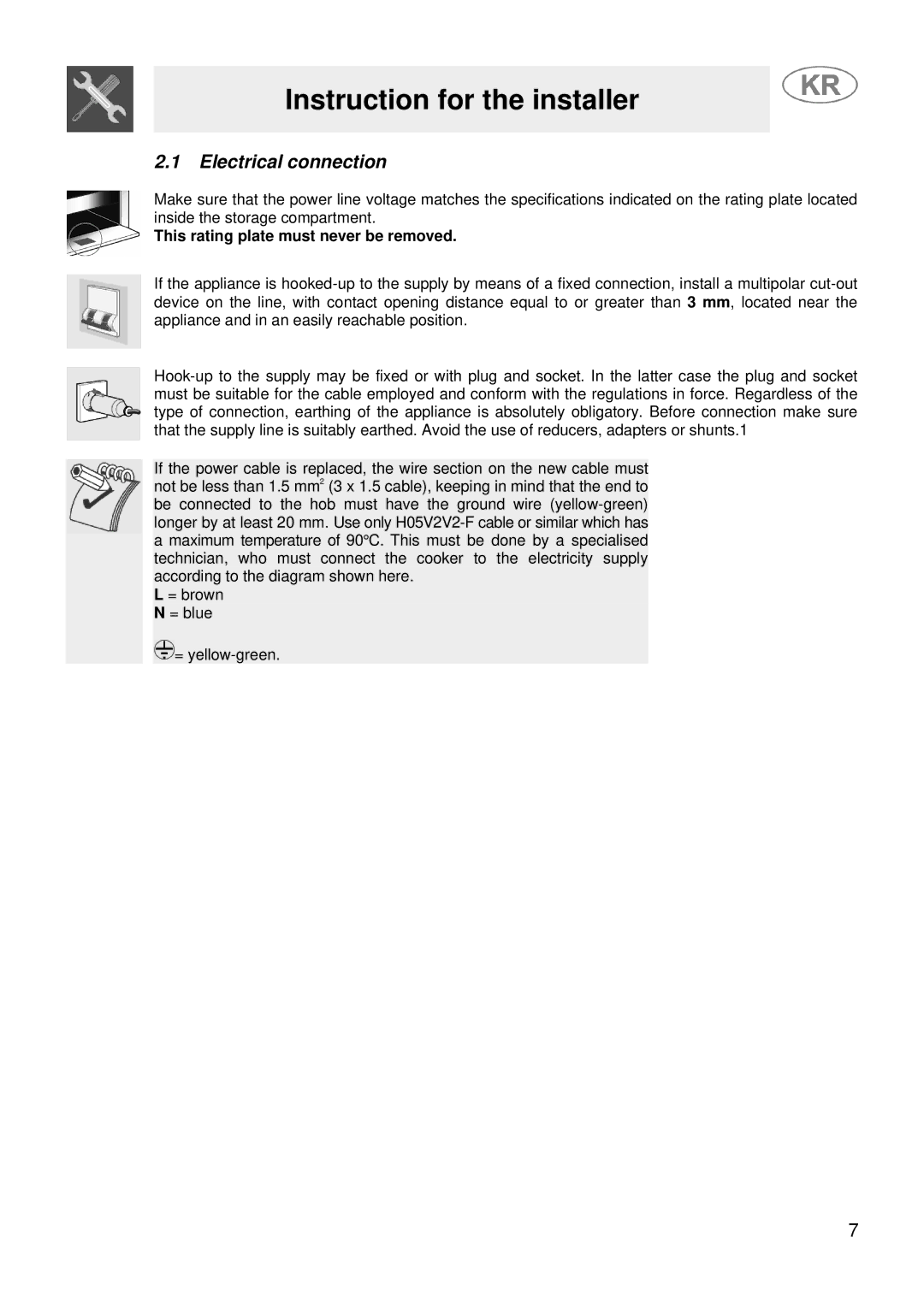 Smeg JGFC34SKB manual Electrical connection, This rating plate must never be removed 