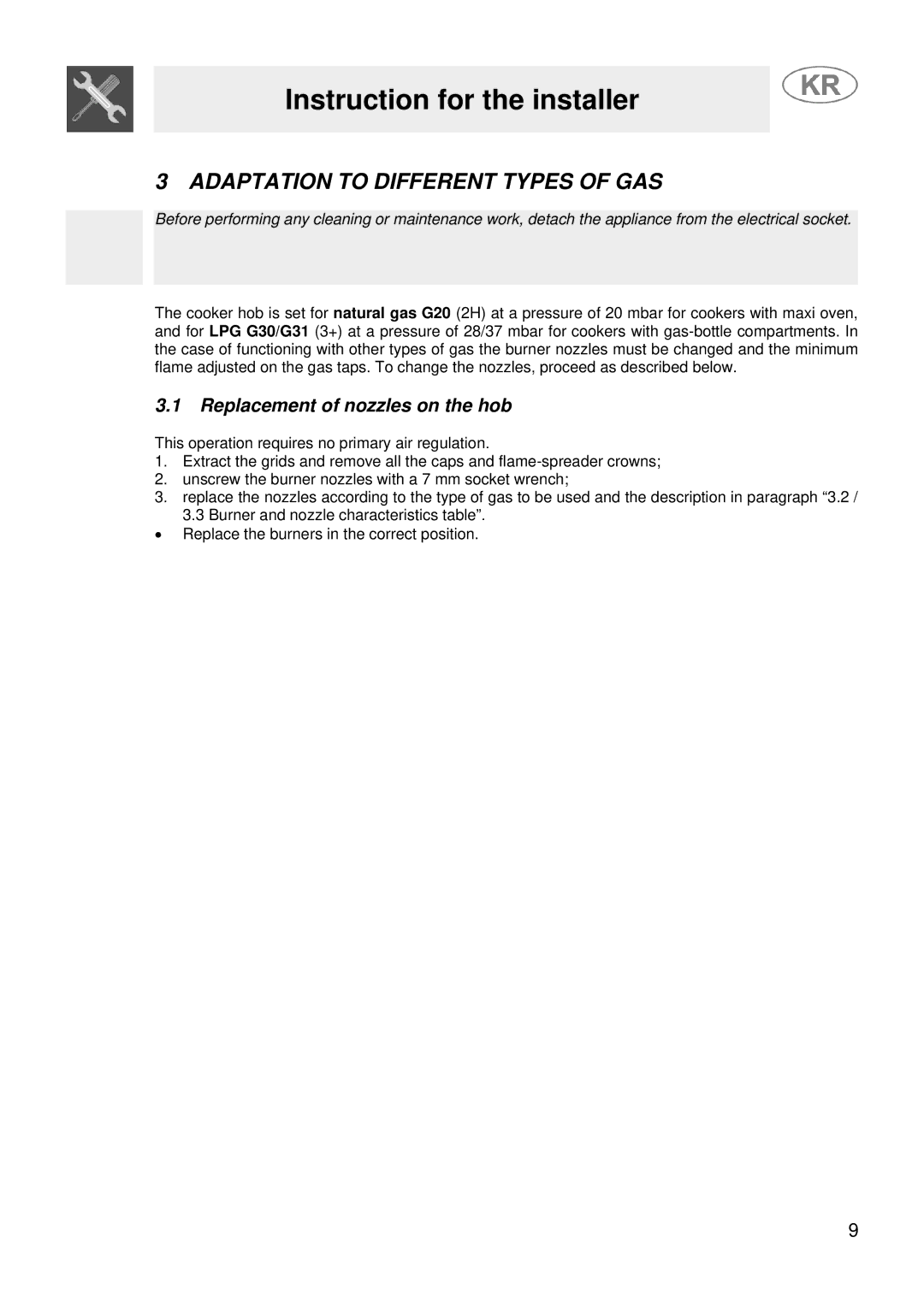 Smeg JGFC34SKB manual Adaptation to Different Types of GAS, Replacement of nozzles on the hob 