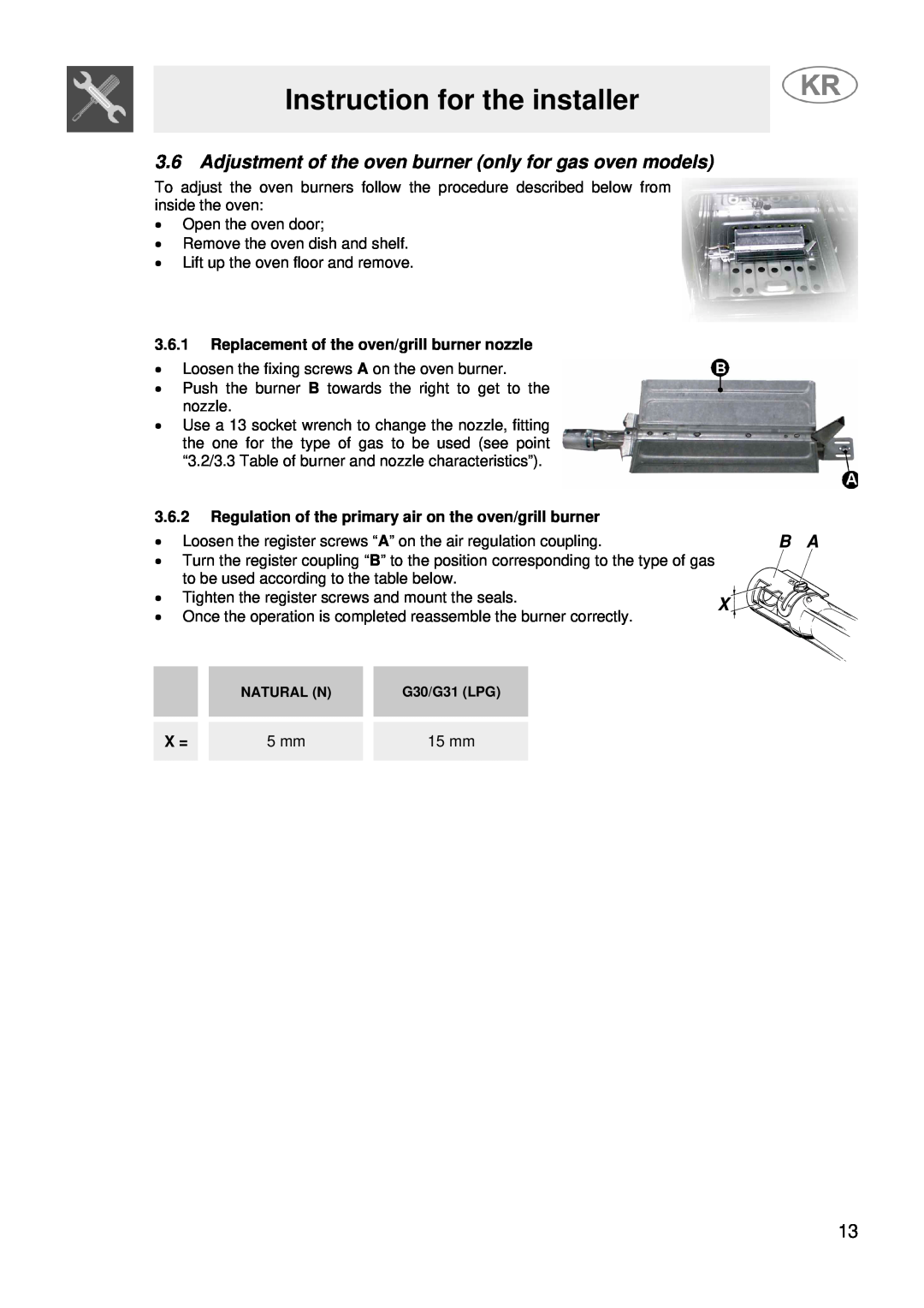 Smeg JGFC34SKB manual Instruction for the installer, 3.6.1Replacement of the oven/grill burner nozzle, 15 mm 
