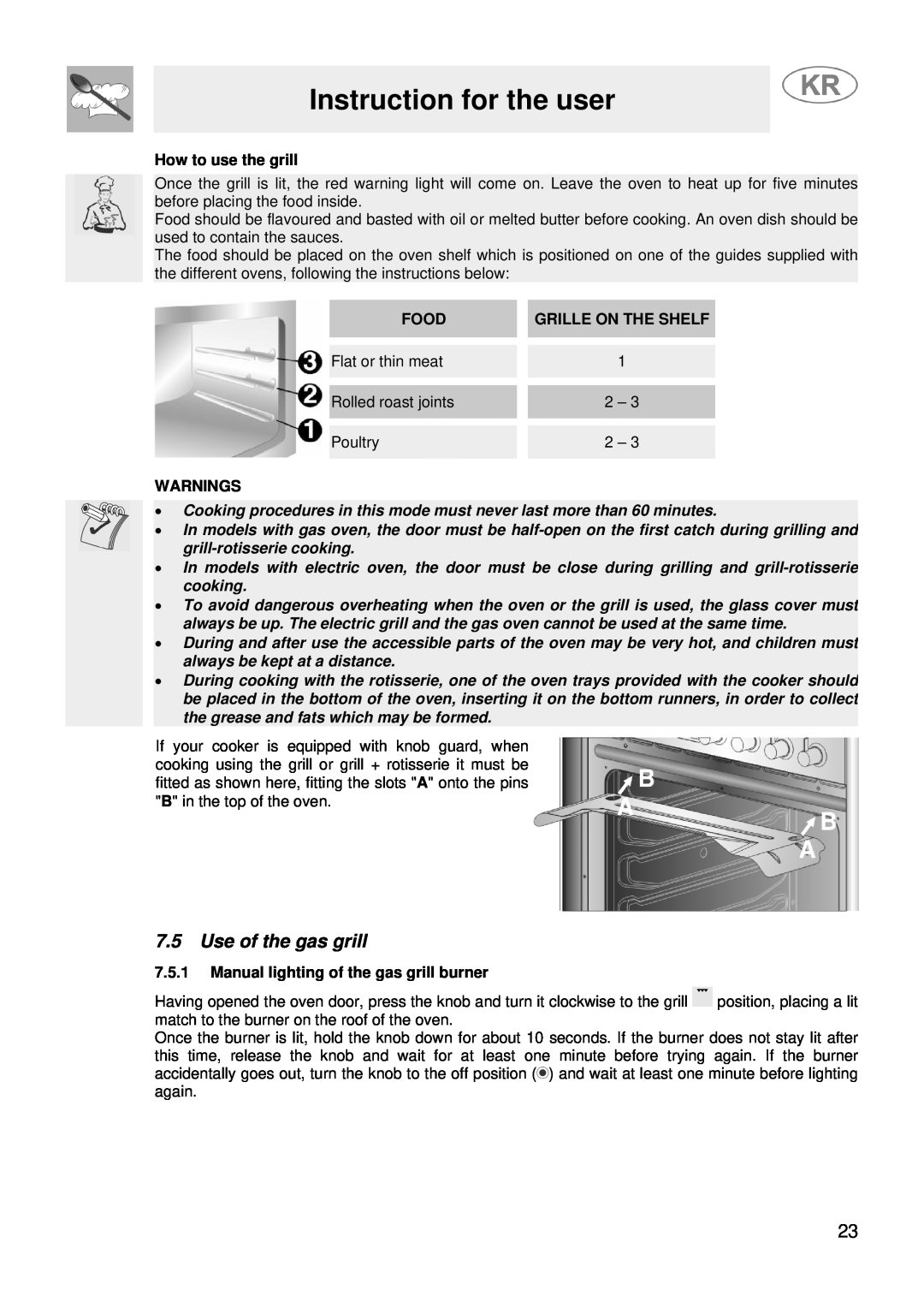 Smeg JGFC34SKB manual 7.5Use of the gas grill, Instruction for the user, How to use the grill, Food, Grille On The Shelf 