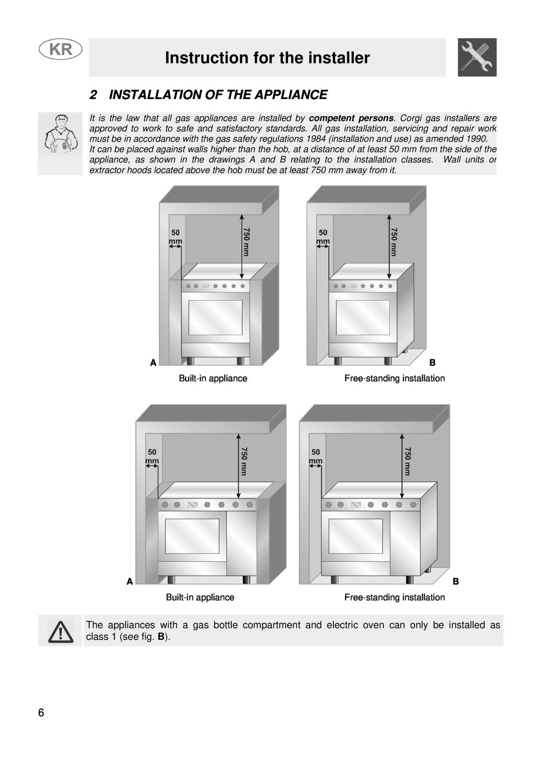 Smeg JGFC34SKB manual Instruction for the installer, Installation Of The Appliance 