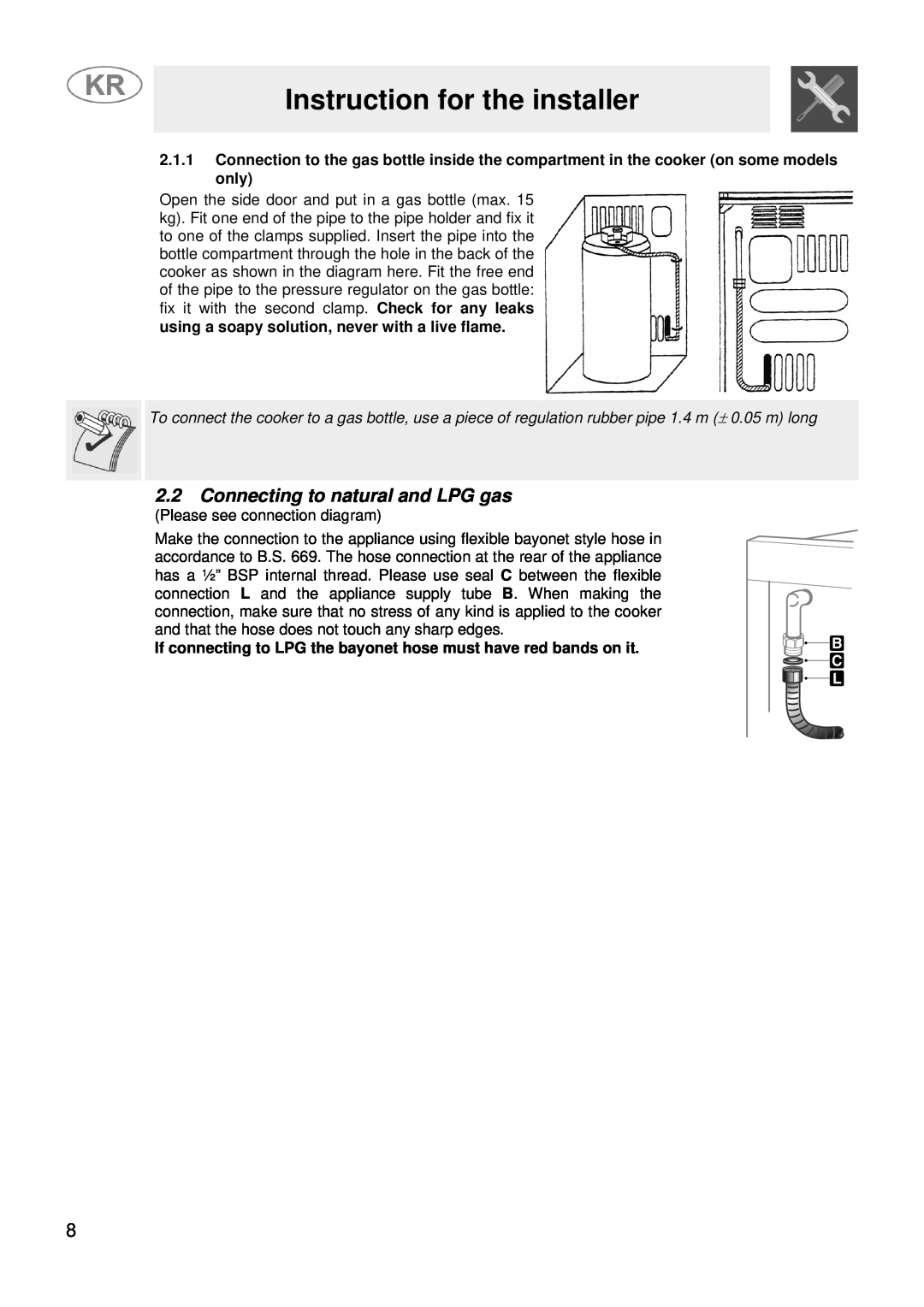 Smeg JGFC34SKB manual 2.2Connecting to natural and LPG gas, Instruction for the installer 